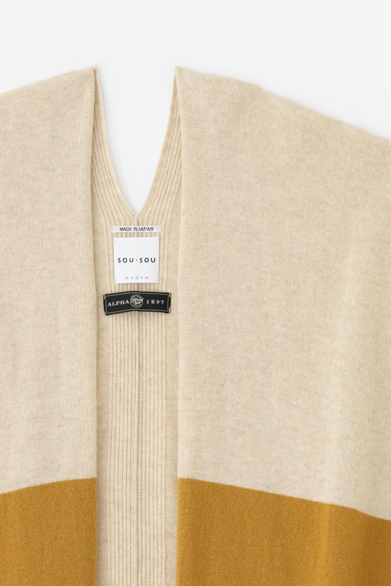 SOU・SOU×ALPHA Cashmere Blended Rectangular Long Open Vest Bi-color / Beidge×Yellow