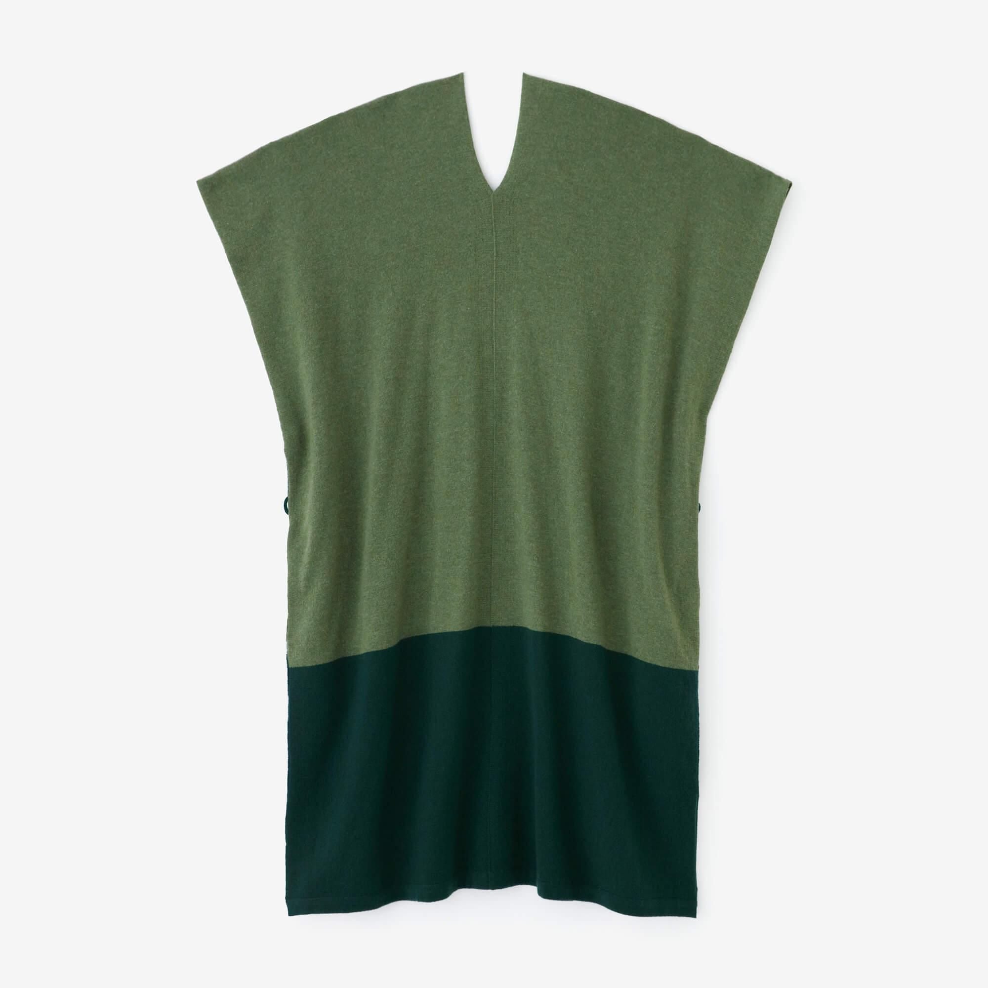 SOU・SOU×ALPHA Cashmere Blended Rectangular Long Open Vest Bi-color / Moss Green×Green