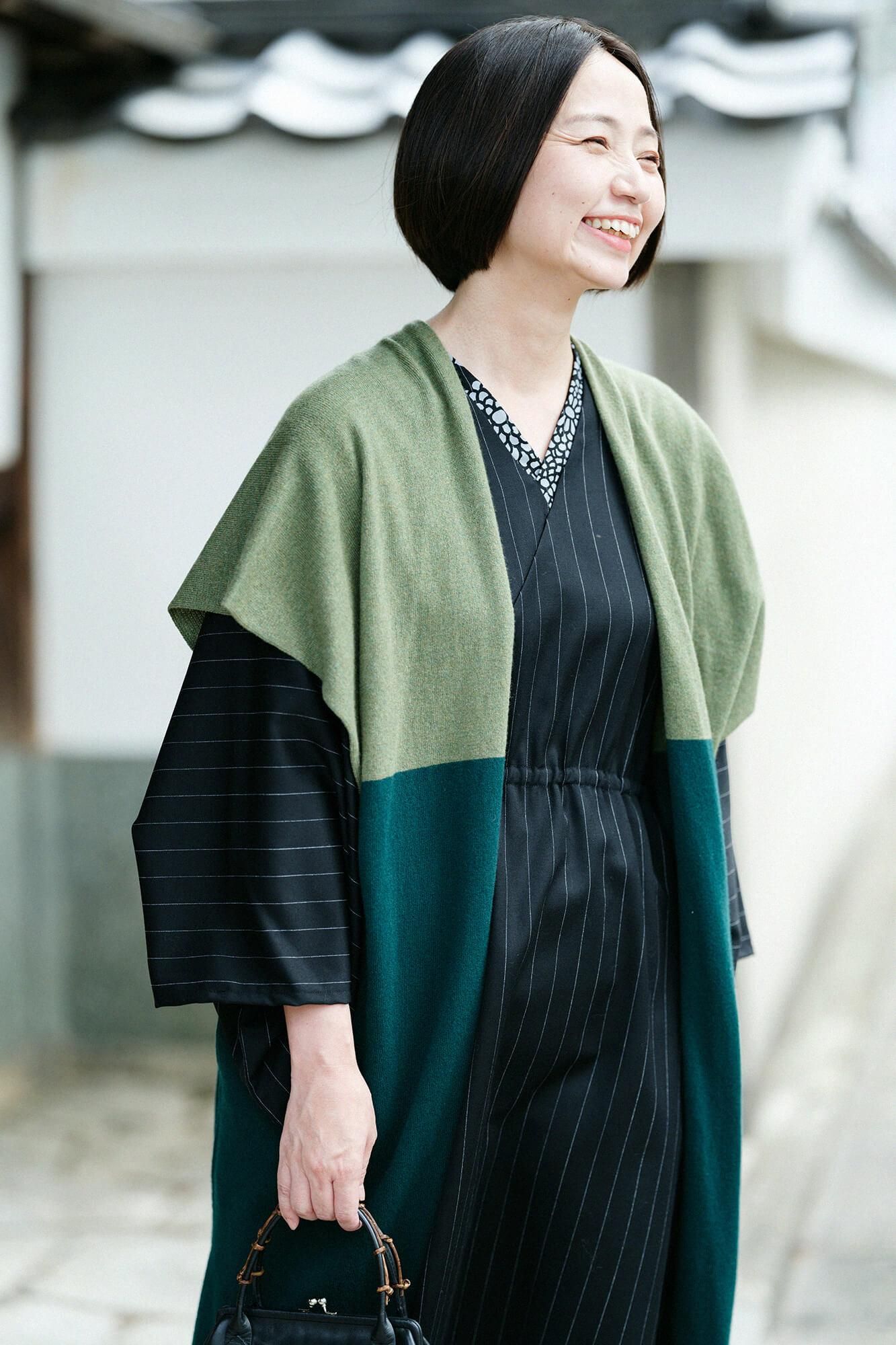 SOU・SOU×ALPHA Cashmere Blended Rectangular Long Open Vest Bi-color / Moss Green×Green