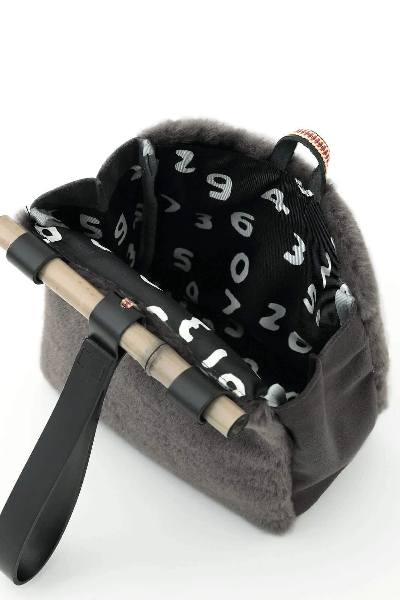 人造皮毛 道行小筥 竹柄手提包 染竹 小/鉛色