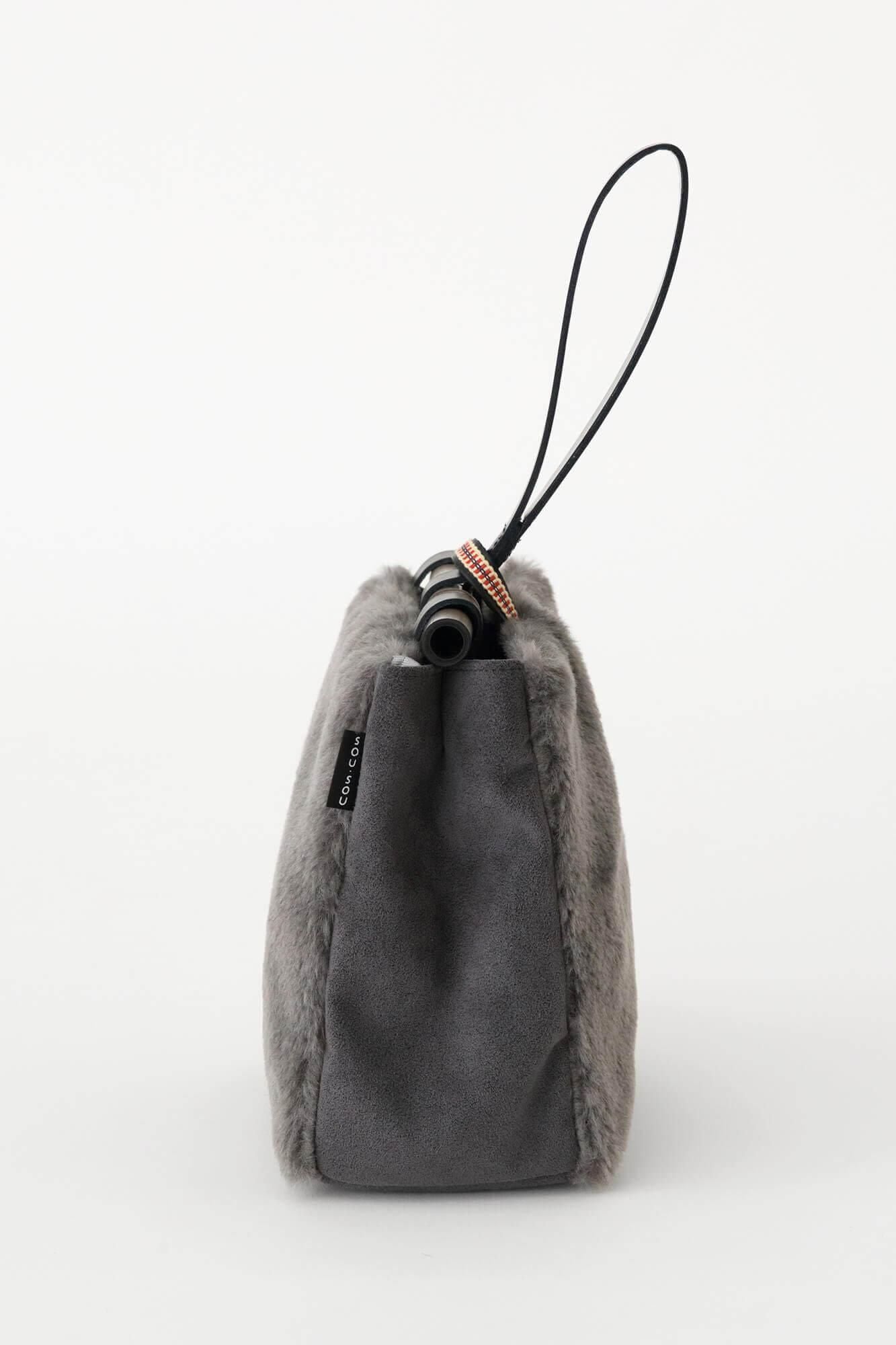 人造皮毛 道行小筥 竹柄手提包 染竹 小/鉛色