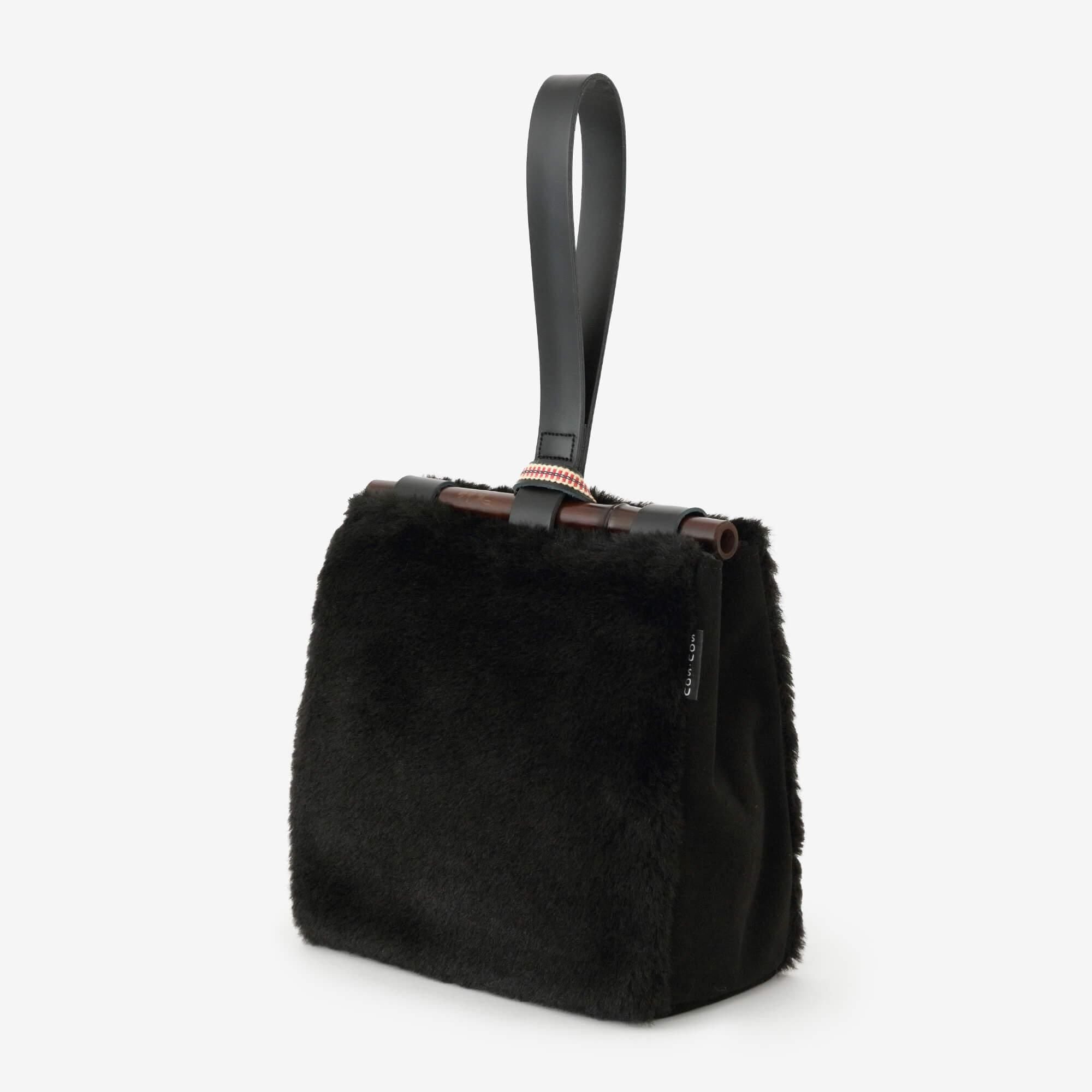 人造皮毛 道行小筥 竹柄手提包 染竹小/黑色2