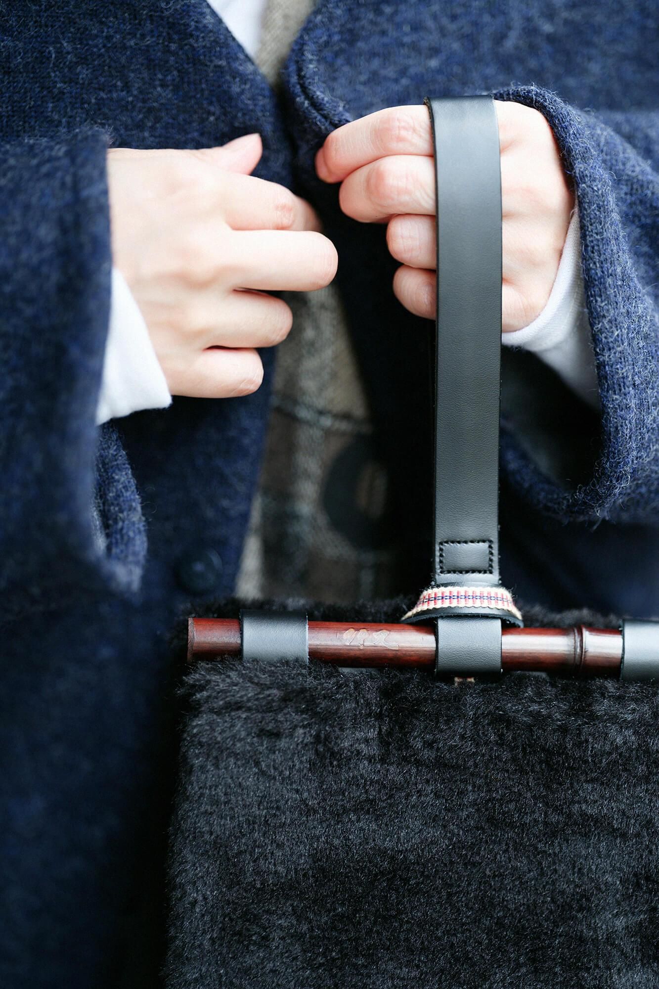 人造皮毛 道行小筥 竹柄手提包 染竹小/黑色2