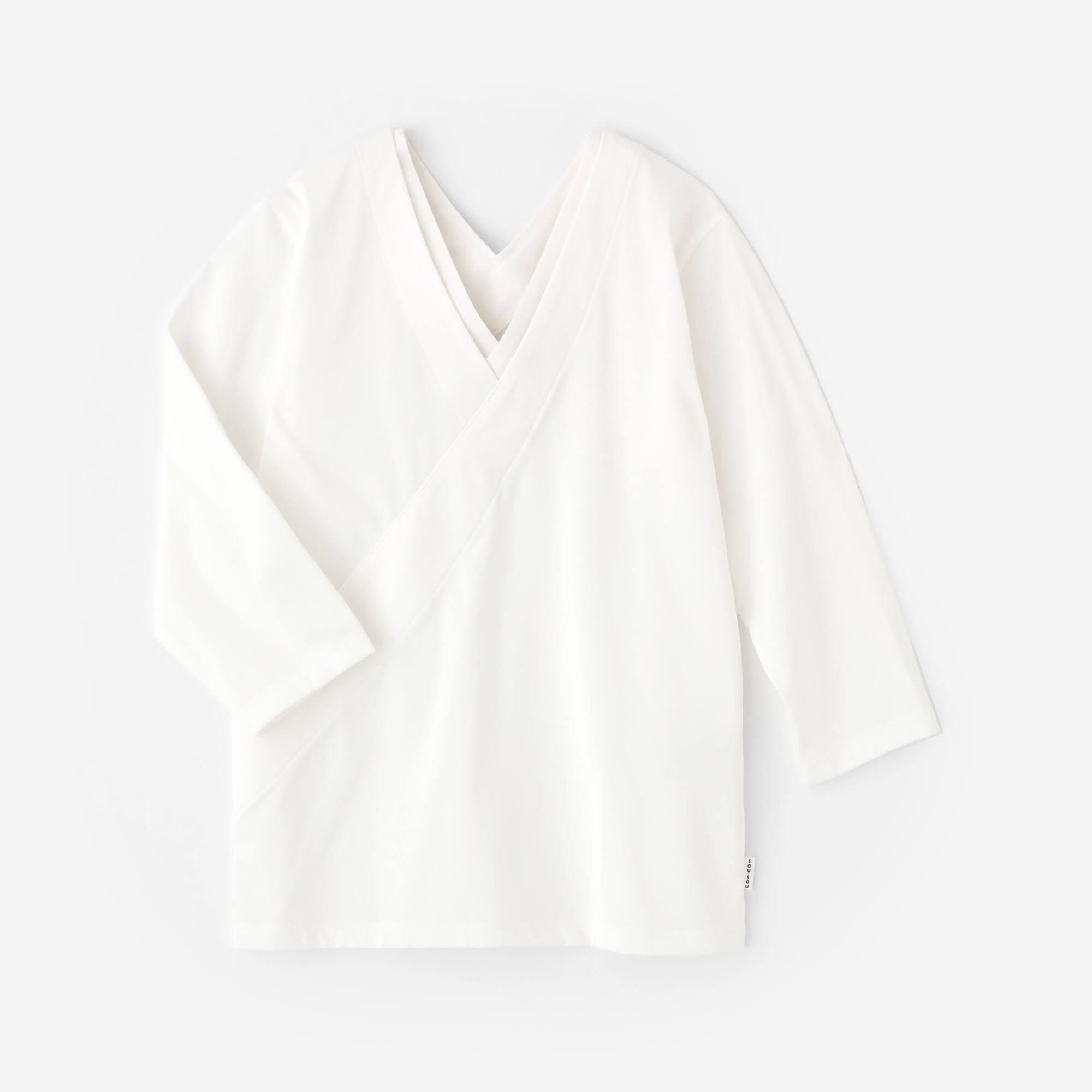 110雙線 超長棉 半衿V領上衣 七分袖/白色