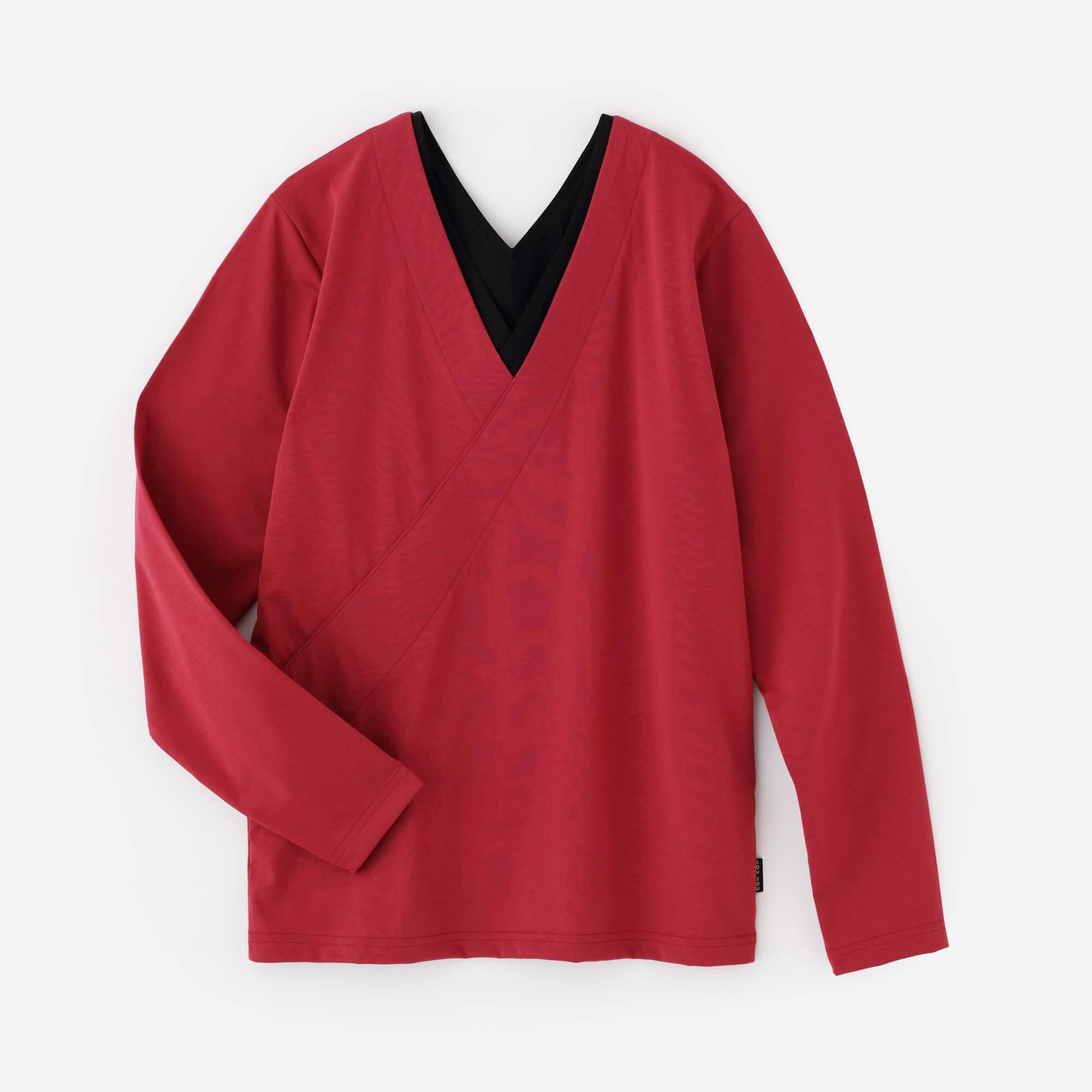 110雙線 超長棉 半衿V領上衣 長袖/深紅色