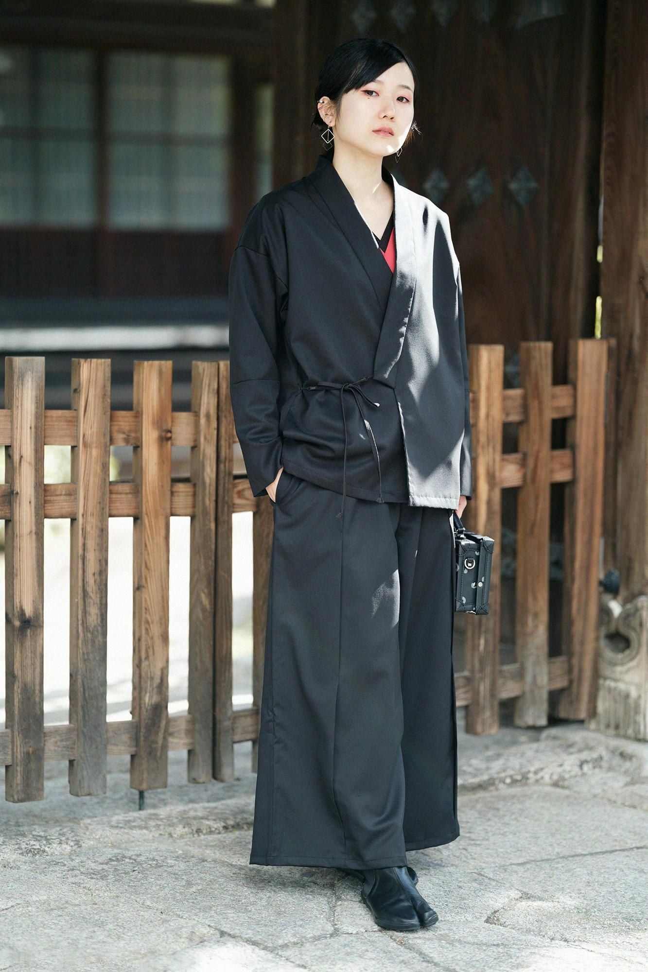 110雙線 超長棉 半衿V領上衣 長袖/深紅色