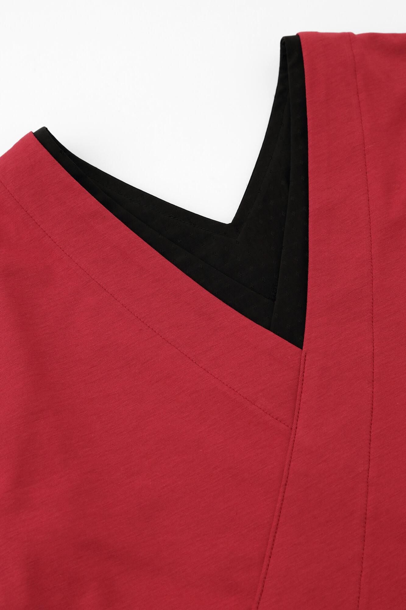 110雙線 超長棉 半衿V領上衣 長袖/深紅色