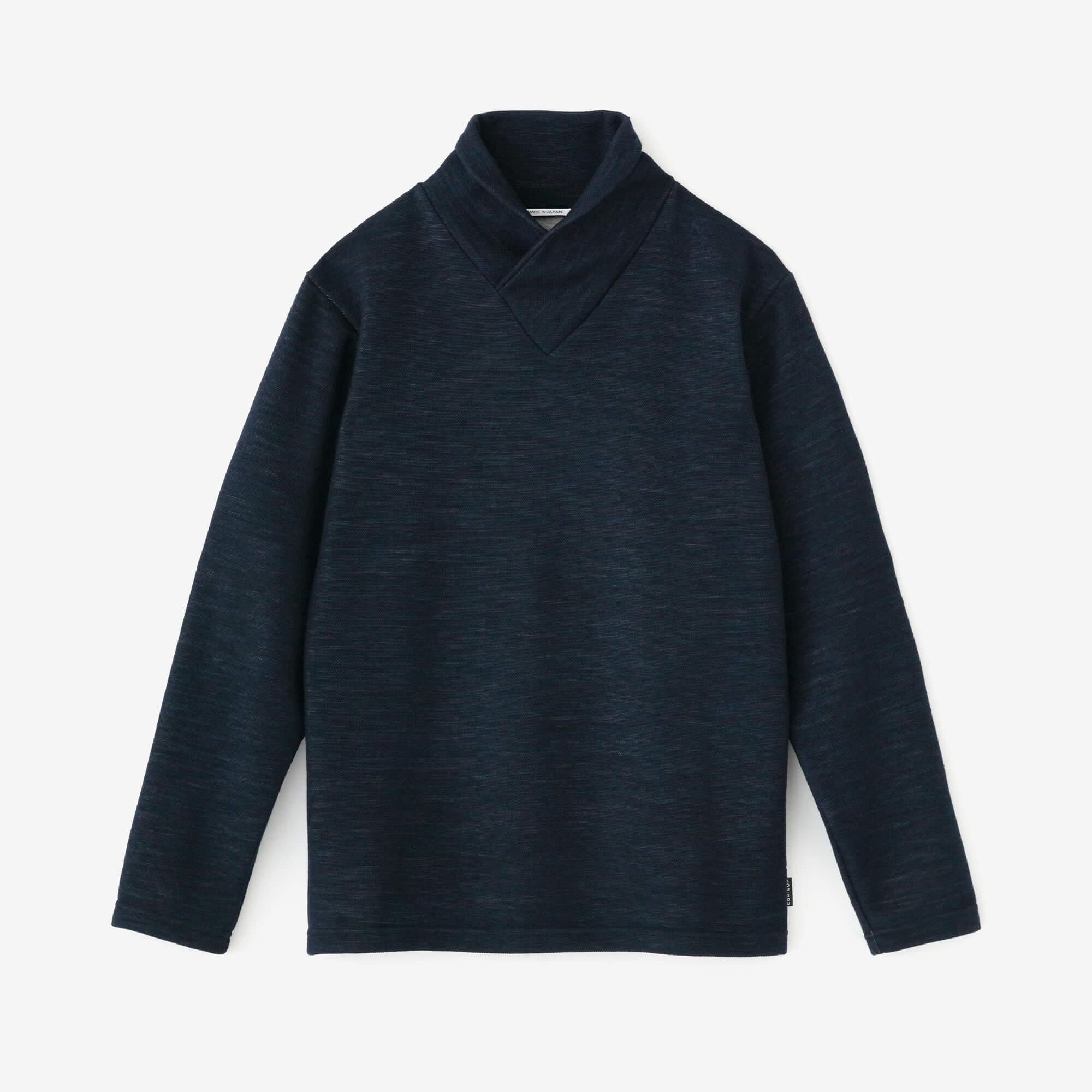 雙層 鹿之子編 半衿秋聲 高領上衣/深藍色