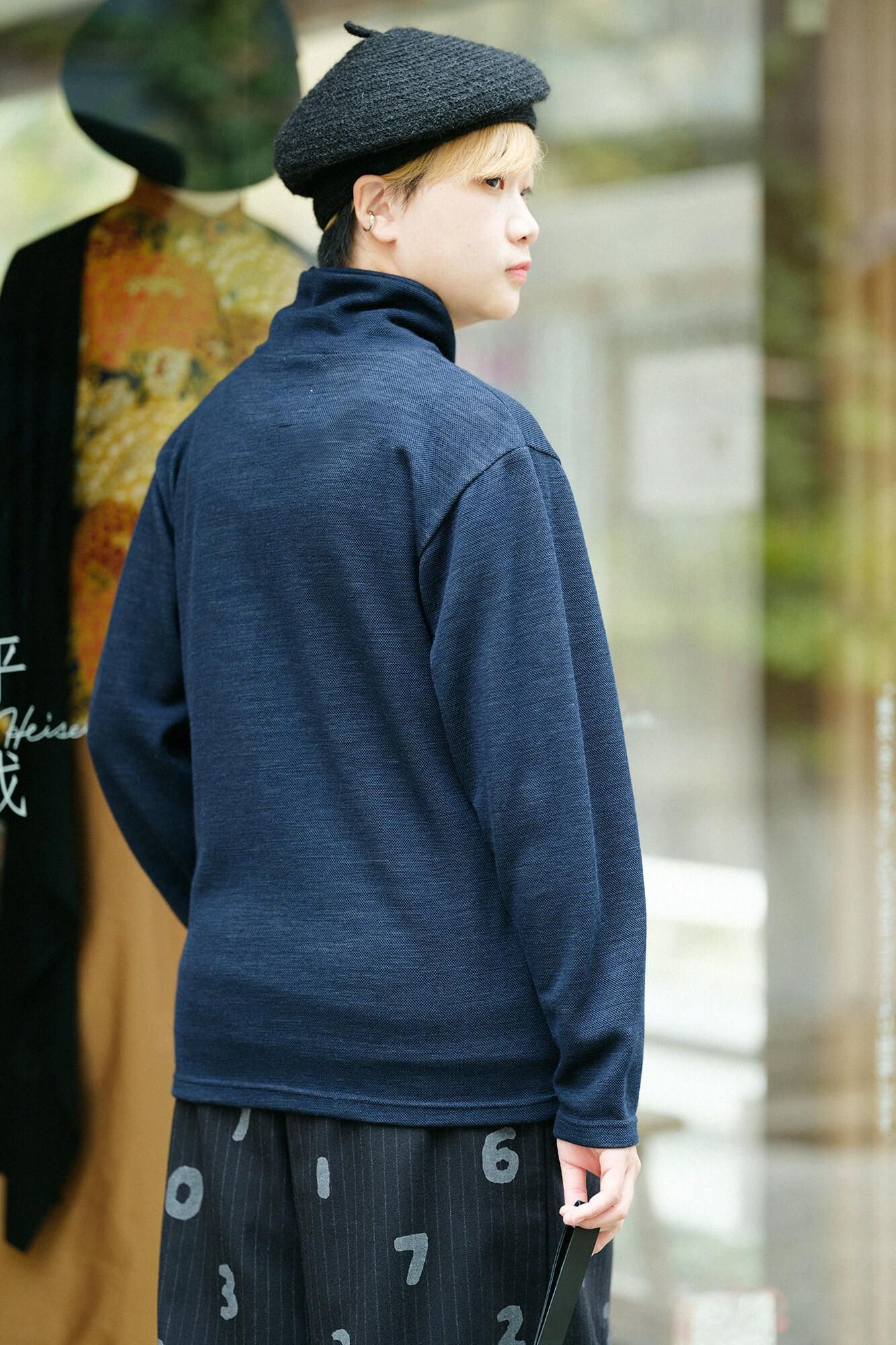 雙層 鹿之子編 半衿秋聲 高領上衣/深藍色