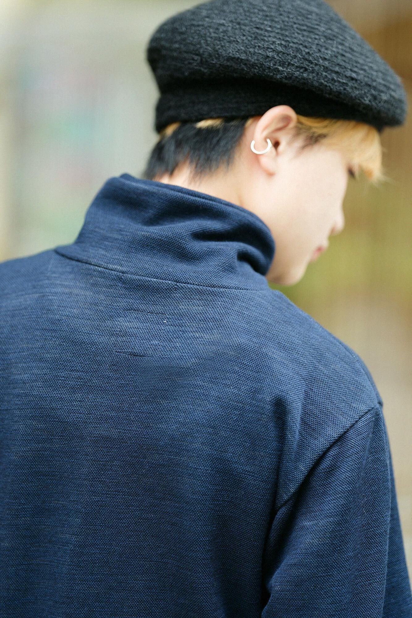 雙層 鹿之子編 半衿秋聲 高領上衣/深藍色