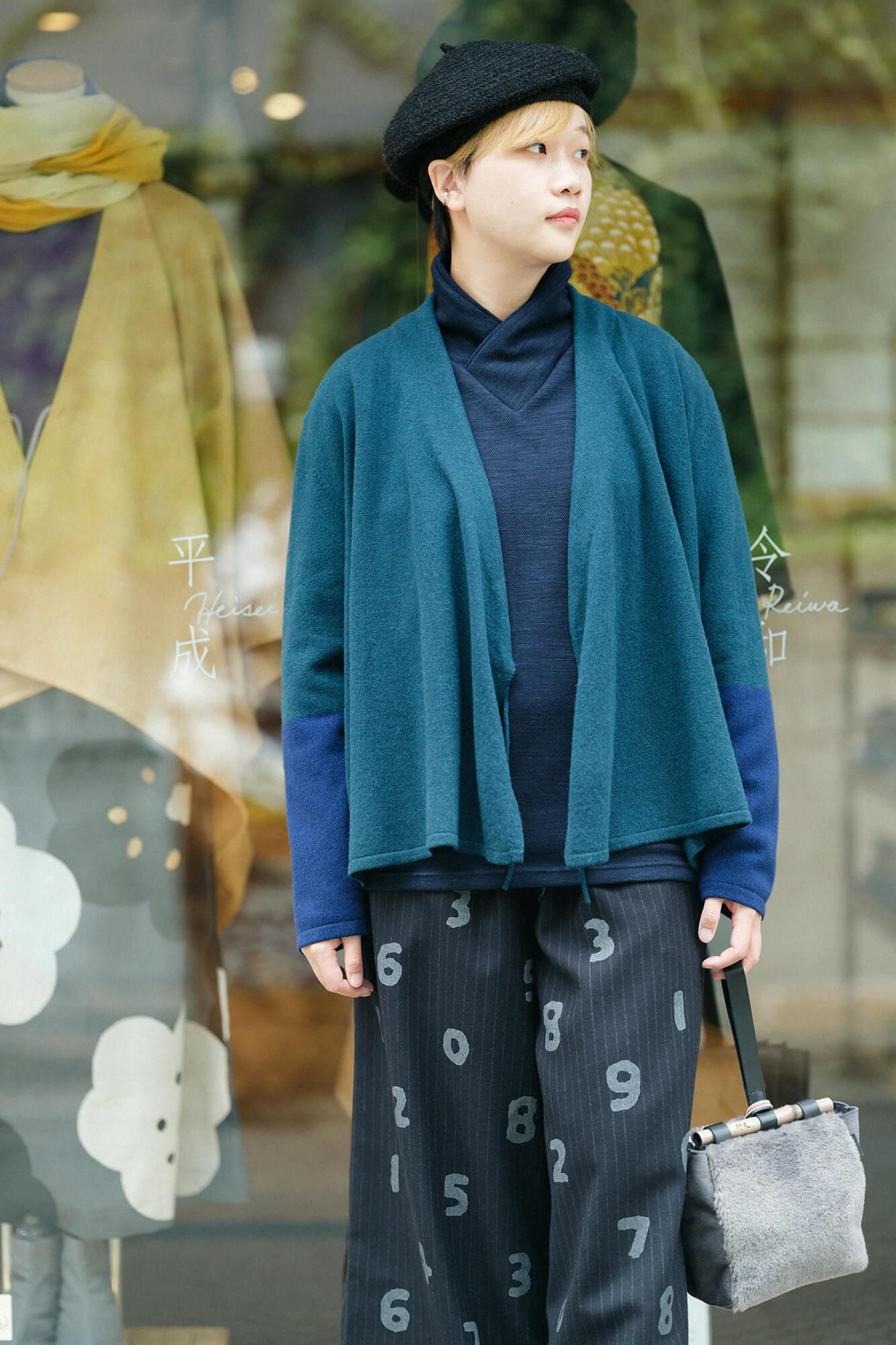 雙層 鹿之子編 半衿秋聲 高領上衣/深藍色