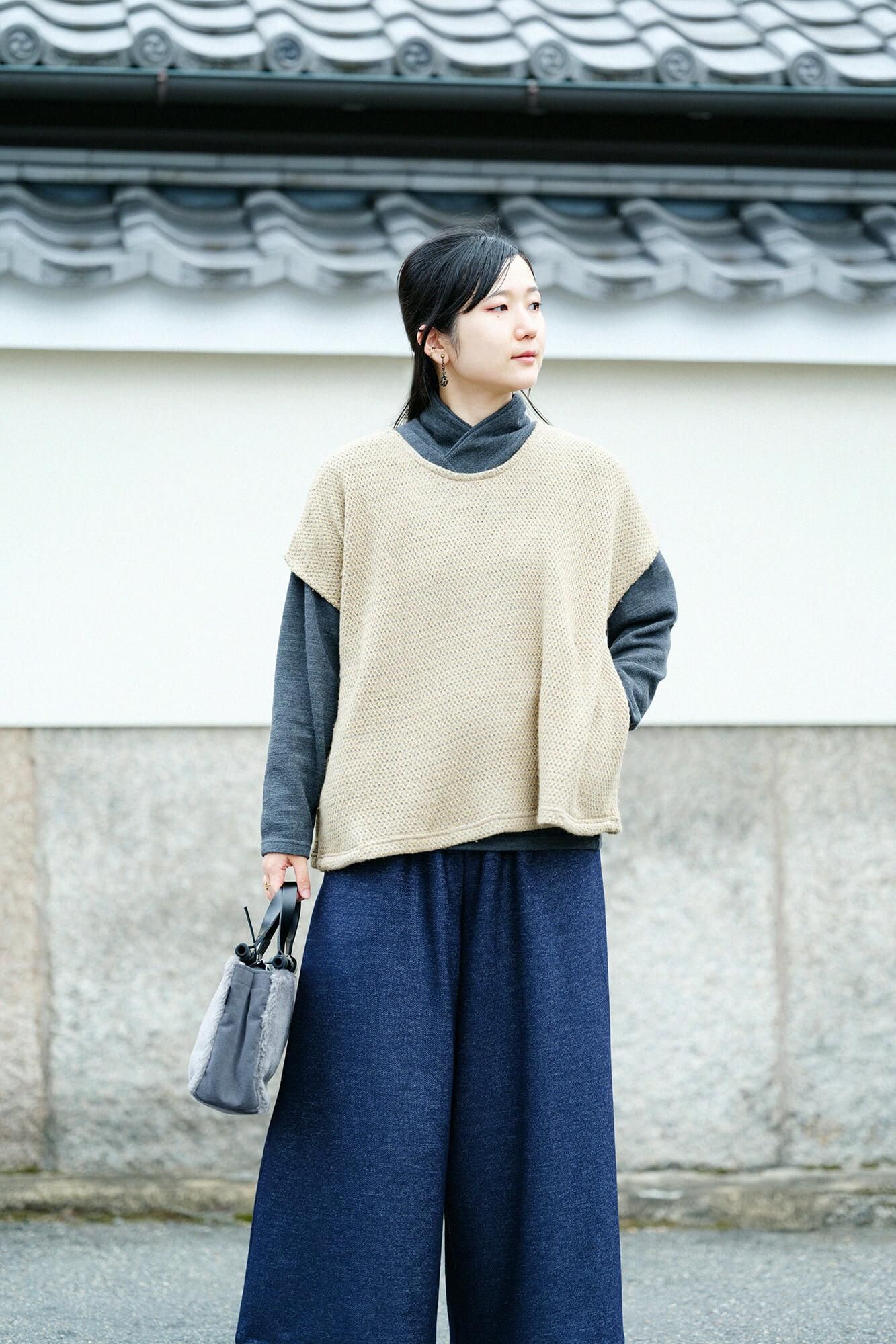 雙層 鹿之子編 半衿秋聲 高領上衣/濃灰