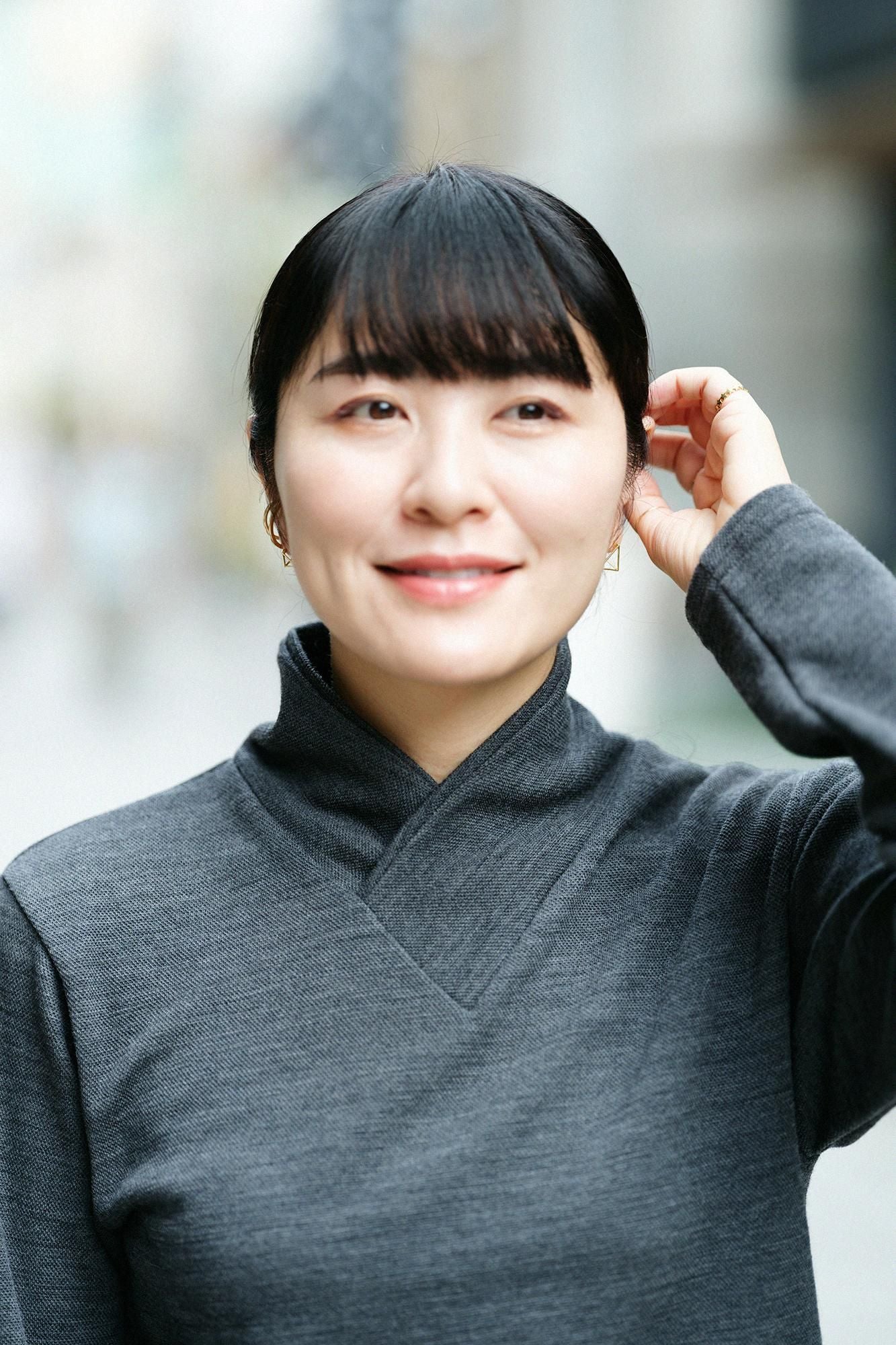 雙層 鹿之子編 半衿秋聲 高領上衣/濃灰