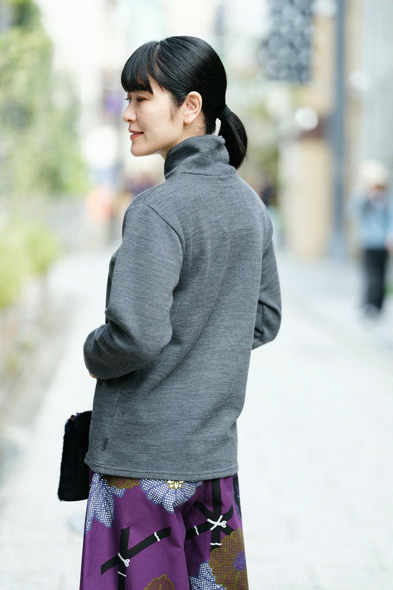 雙層 鹿之子編 半衿秋聲 高領上衣/濃灰