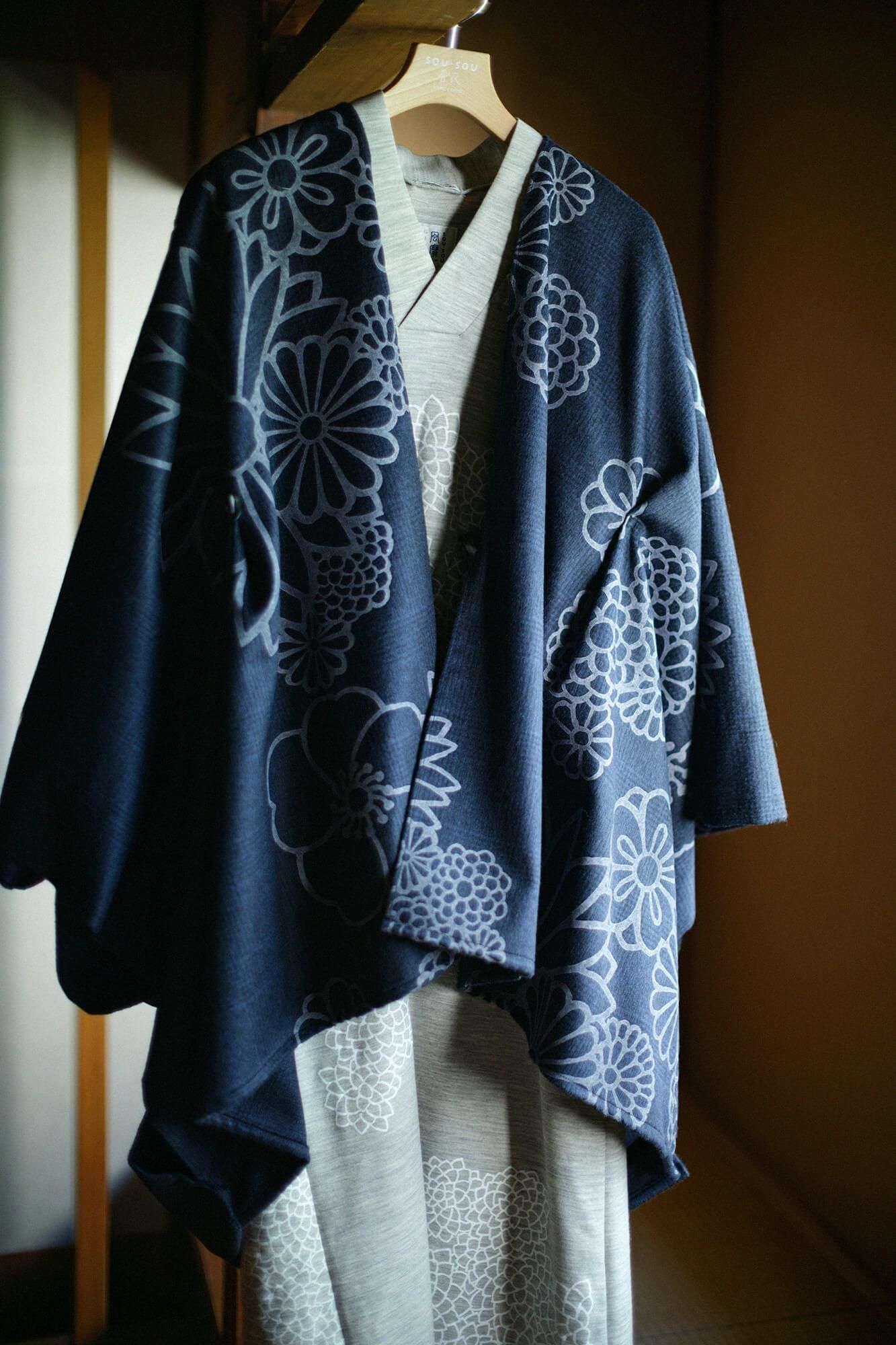 梳毛 雙面編 狹風靡 和服領長版洋裝/雲間菊 淡灰色