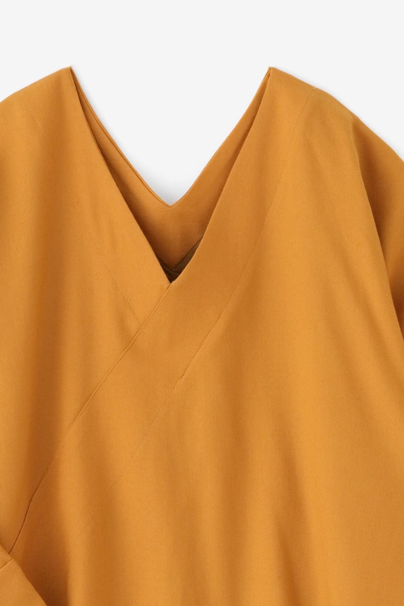 梳毛斜紋織V領長方形洋裝 長袖/橙色