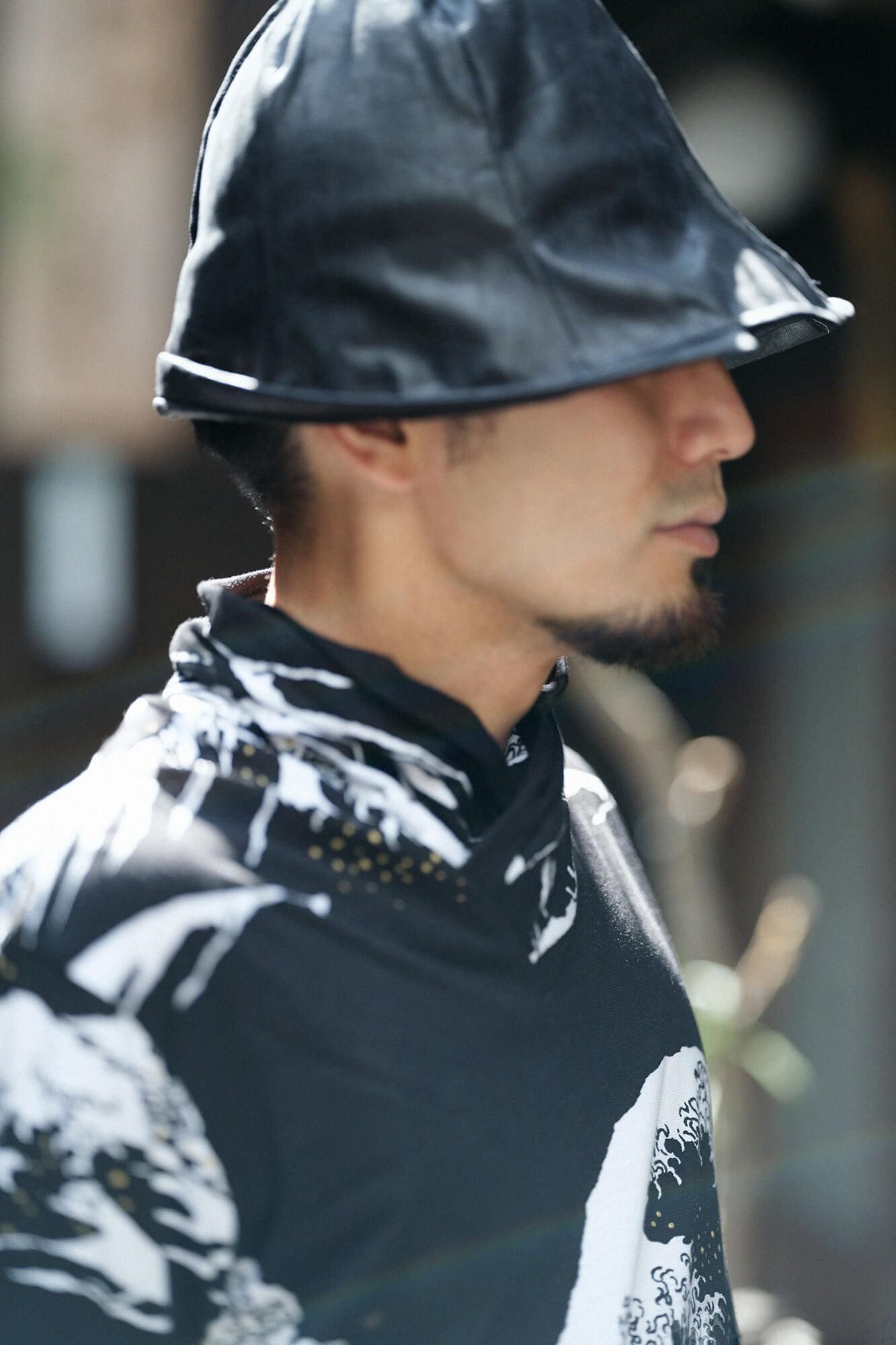 Faux Leather Ichijogasa Shikoro Hat / Black