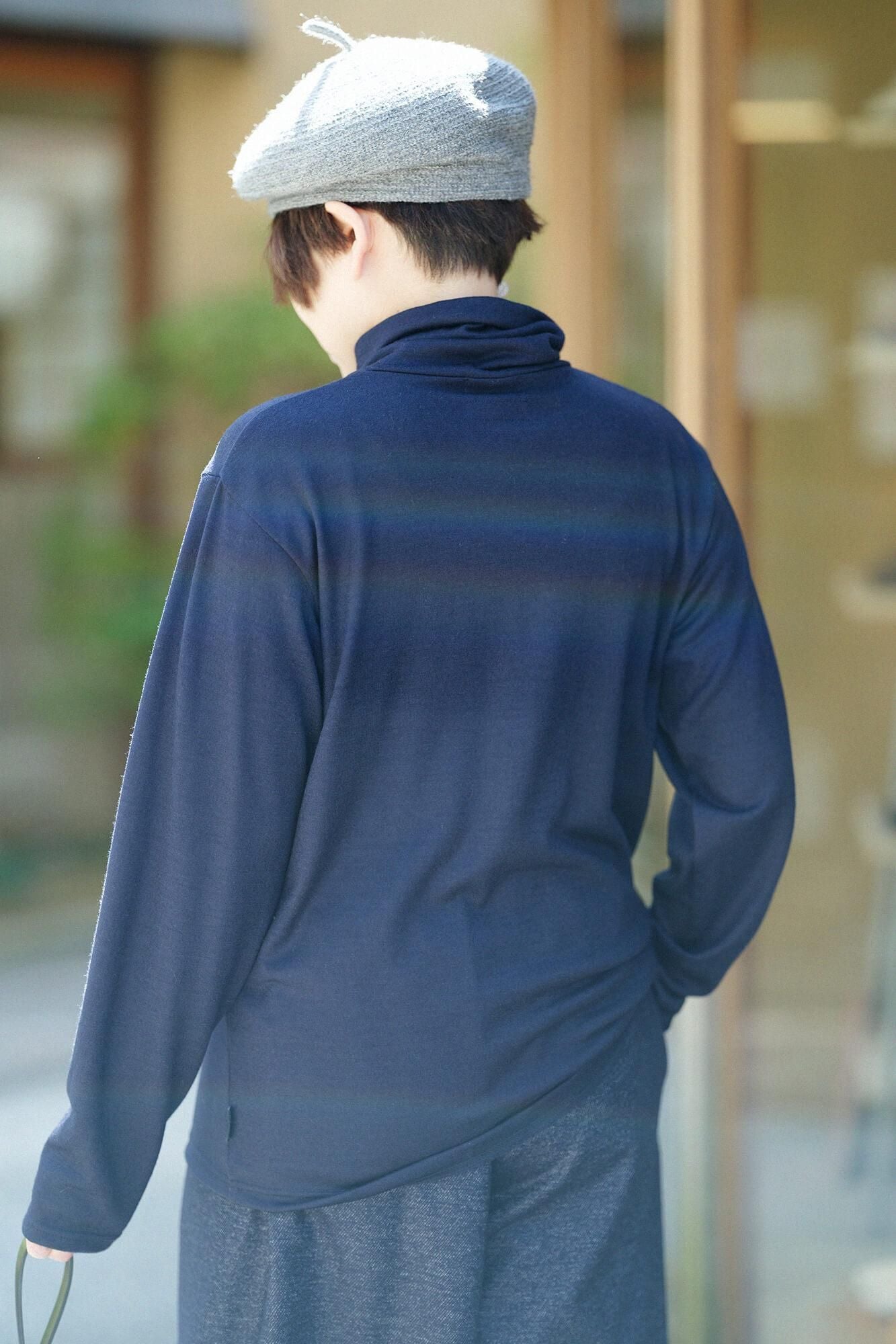 平針織 可洗羊毛 高領上衣/暗藍色