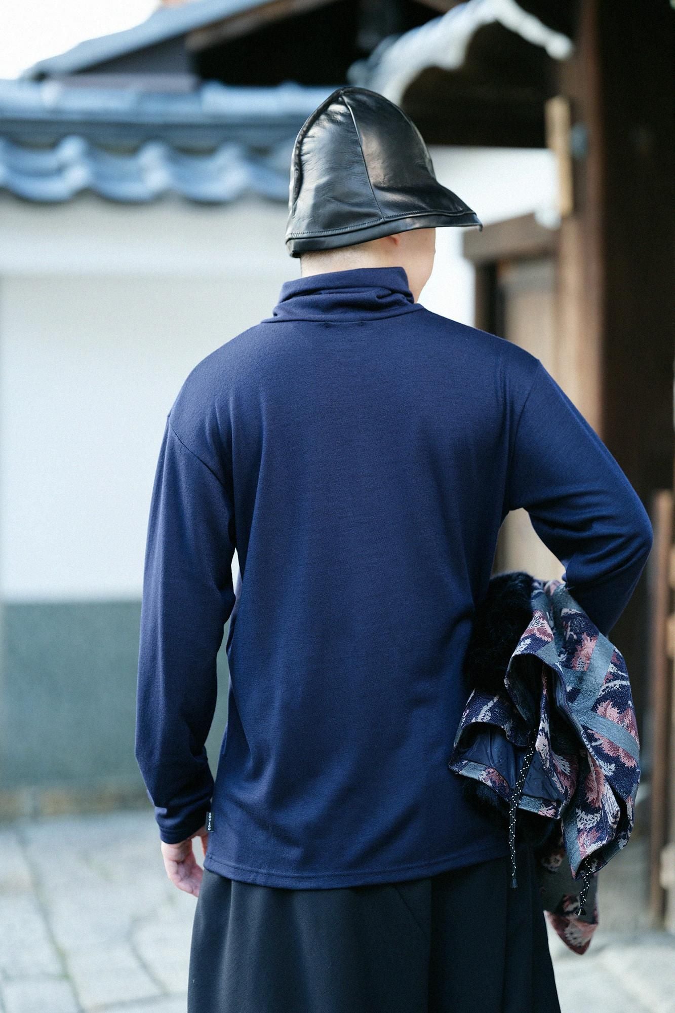 平針織 可洗羊毛 高領上衣/暗藍色