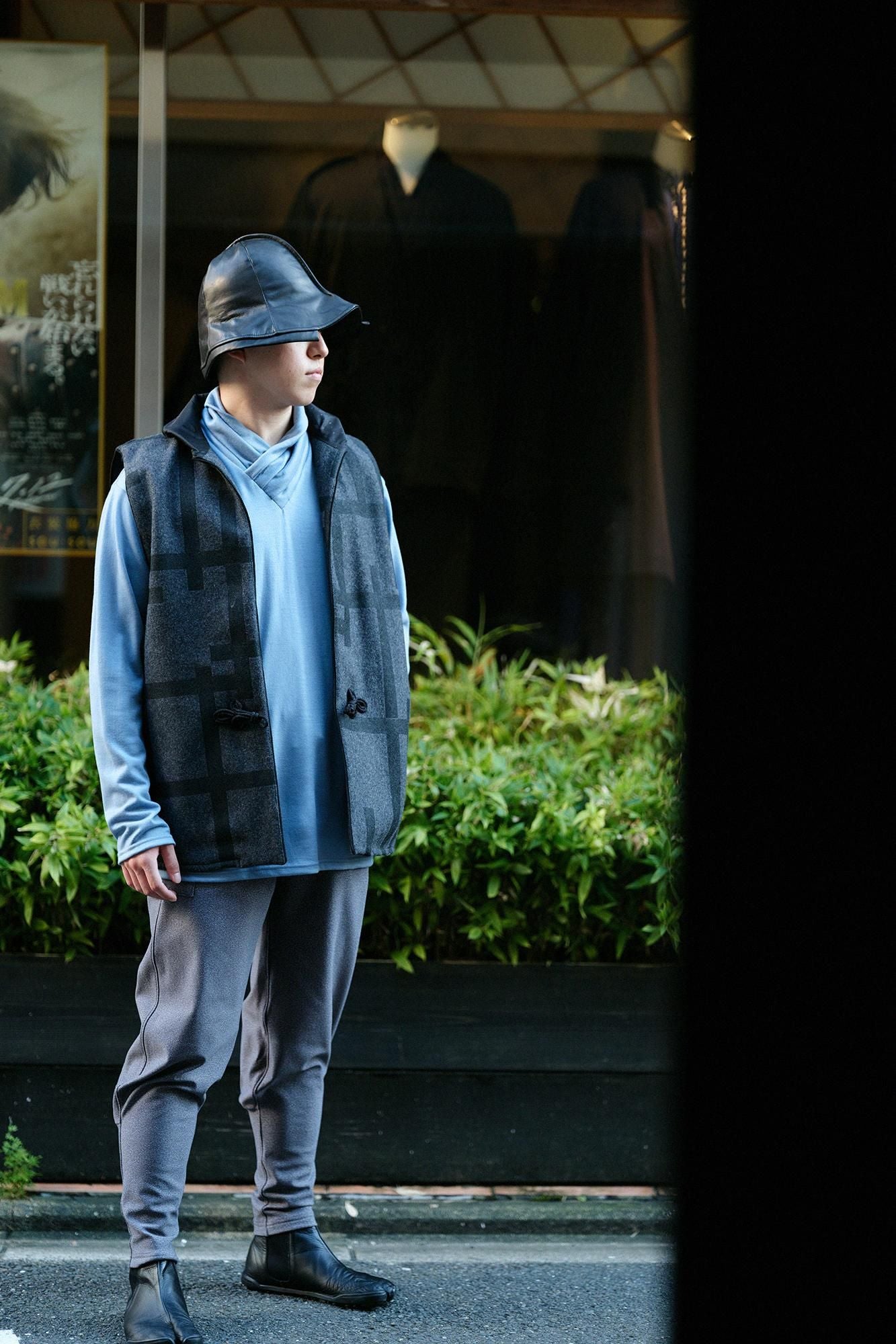 平針織 可洗羊毛 高領上衣/灰藍色