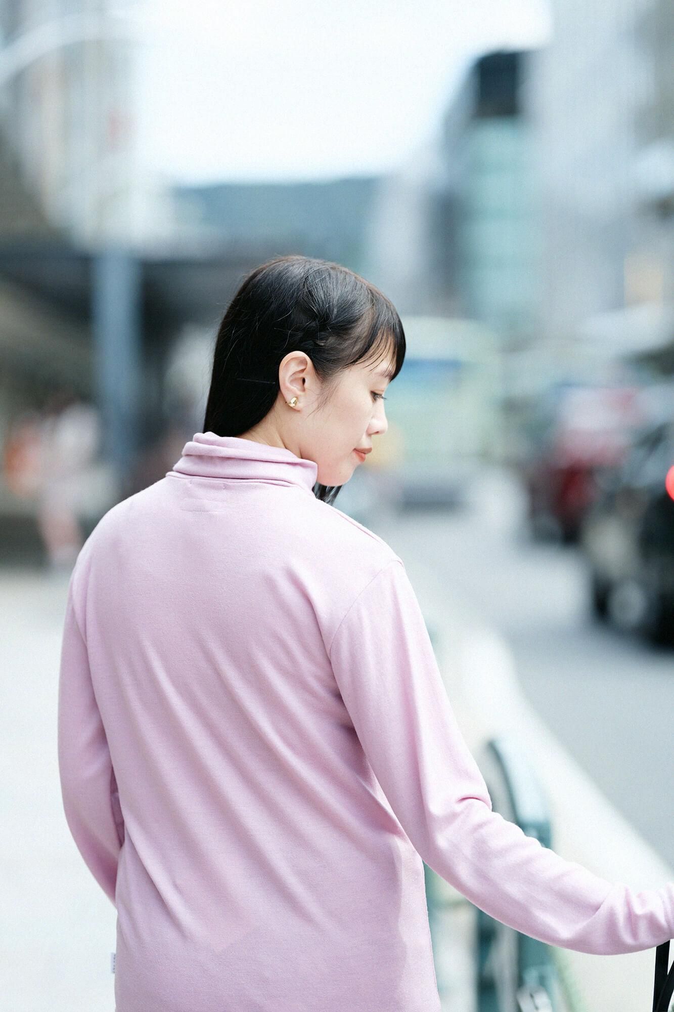 平針織 可洗羊毛 高領上衣/粉紅色