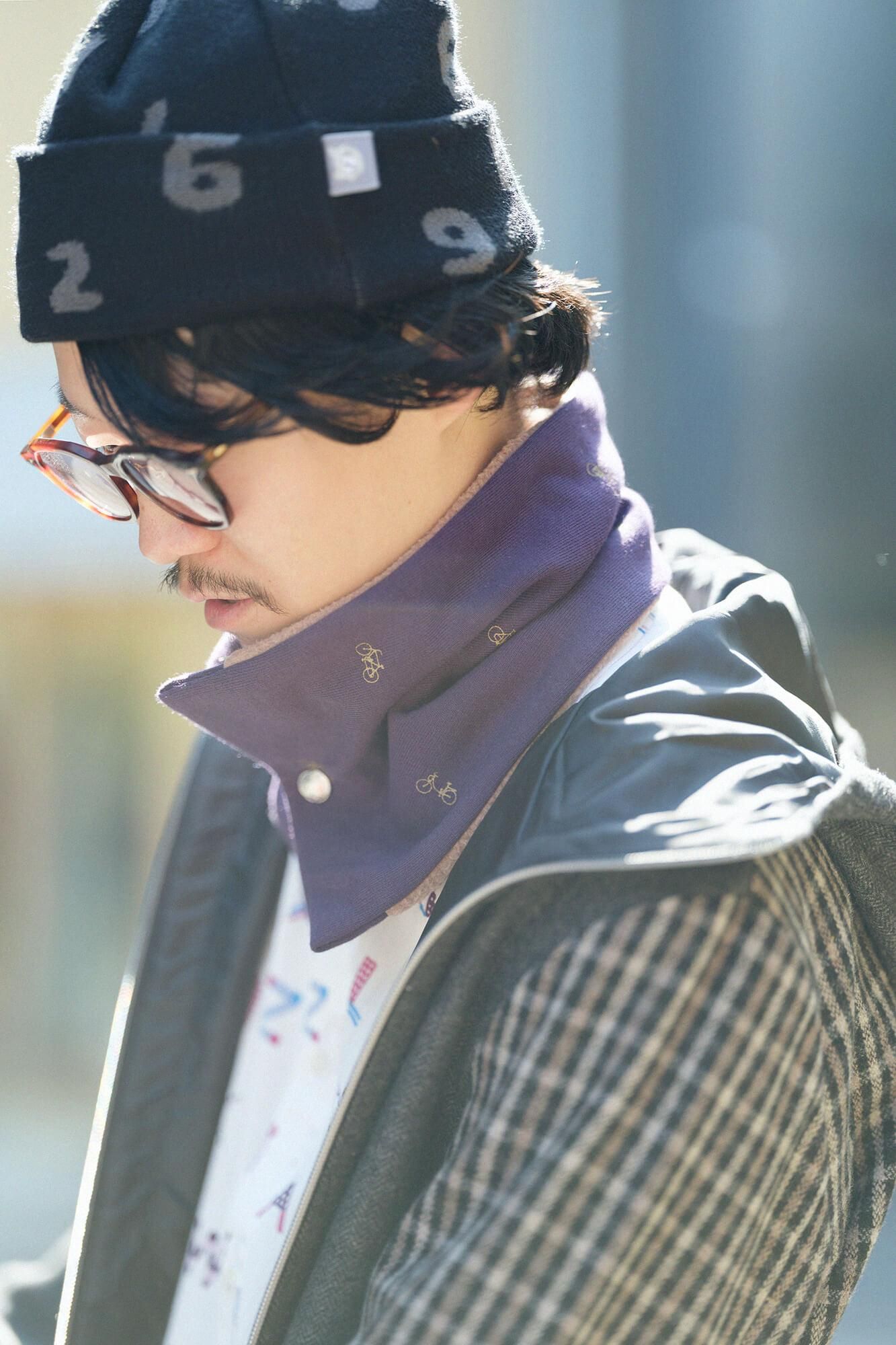 【net限定】リバーシブル BIKEネックウォーマー/チャリンチャリンマーラ 紫紺色(しこんいろ)