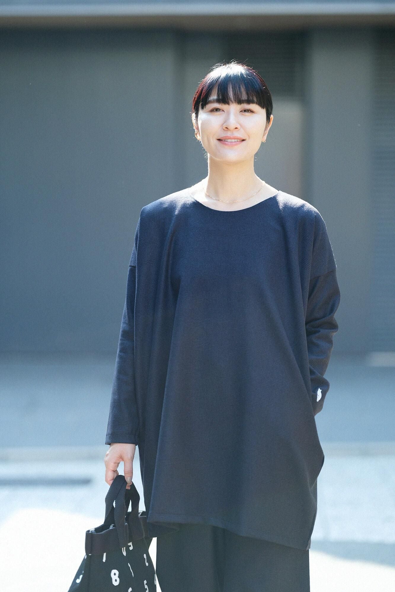 Houndstooth Check Long Sleeve Tunic / Dark Navy