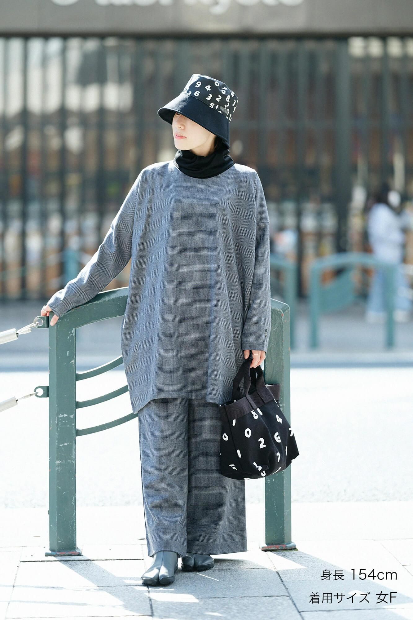 ハウンドトゥースチェック ロングスリーブチュニック/灰青(はいあお)