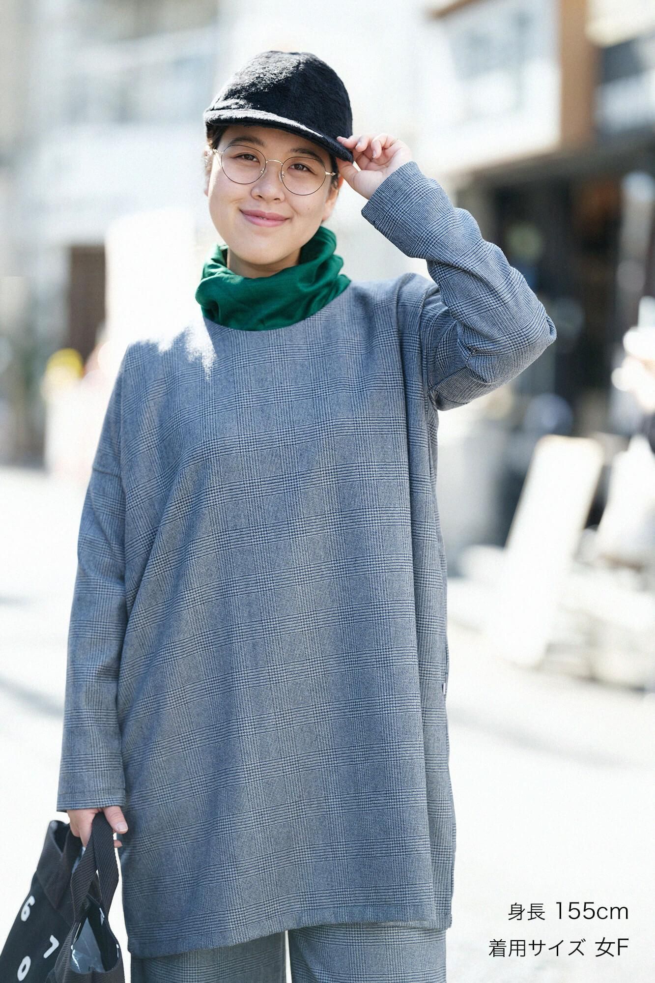 ハウンドトゥースチェック ロングスリーブチュニック/灰青(はいあお)