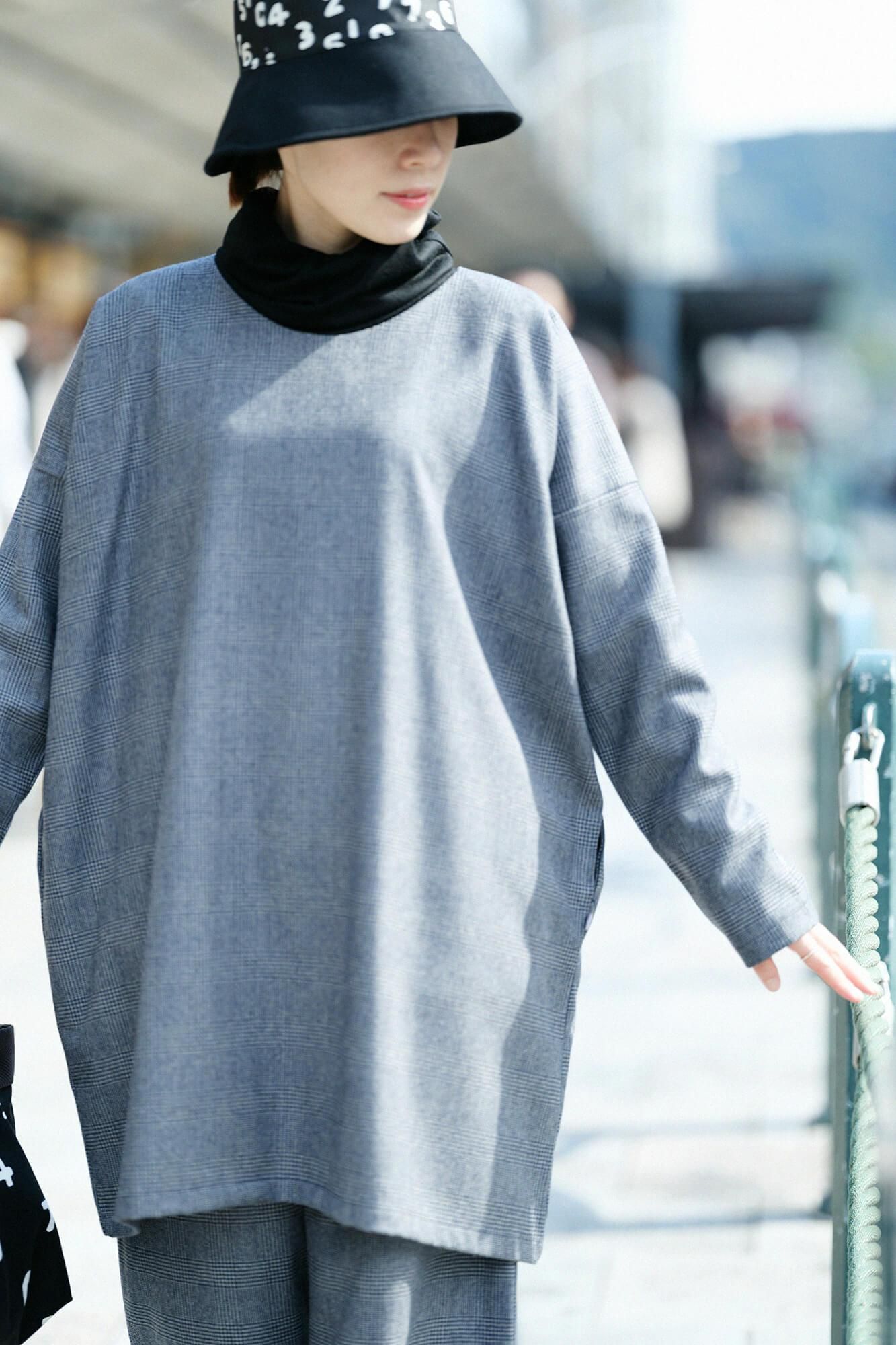 ハウンドトゥースチェック ロングスリーブチュニック/灰青(はいあお)