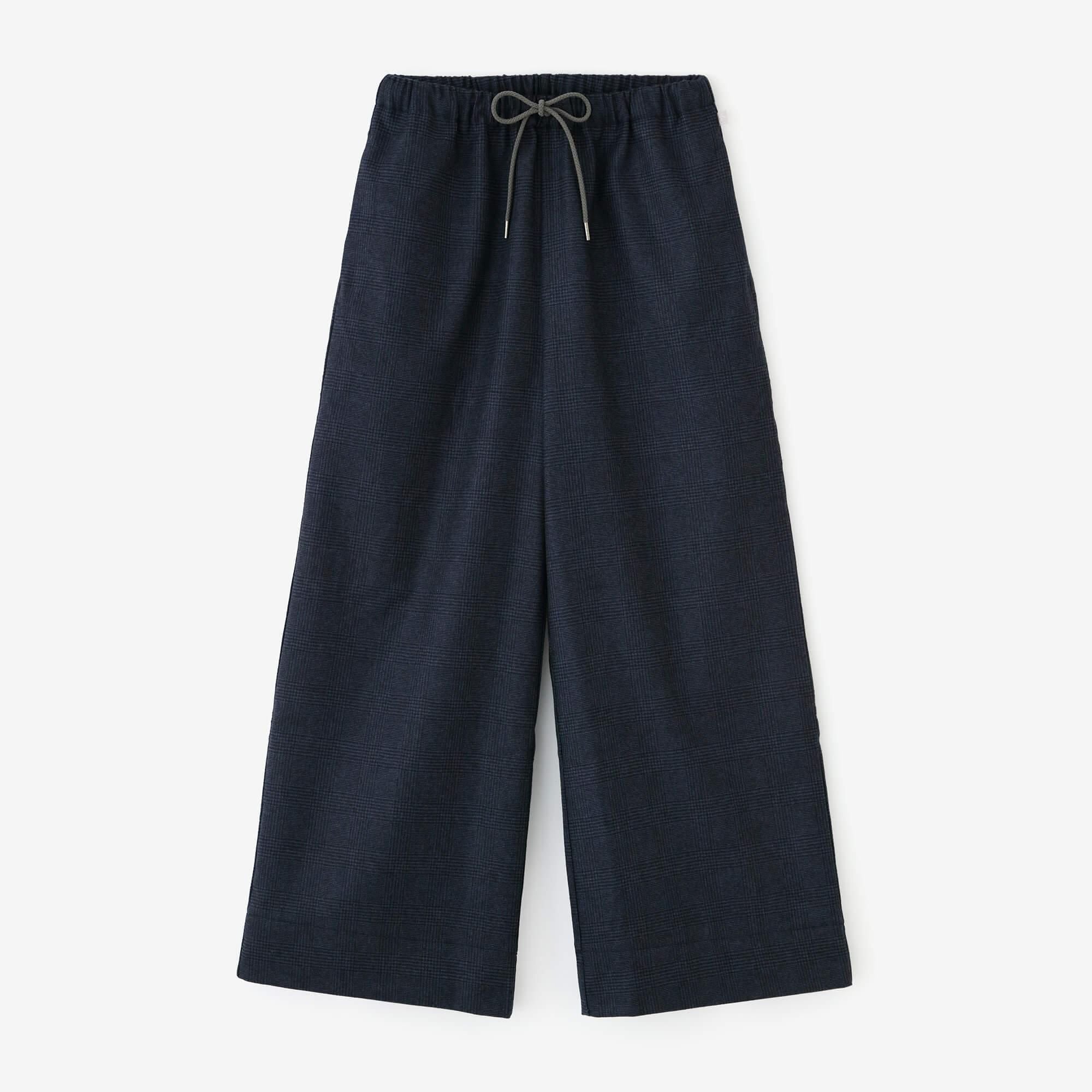 千鳥格紋織闊腿褲/藍褐色