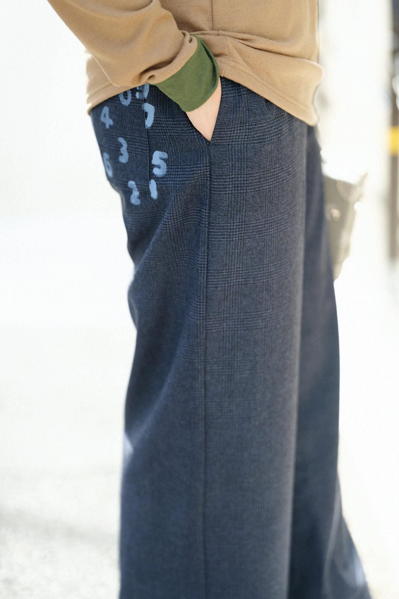 千鳥格紋織闊腿褲/藍褐色