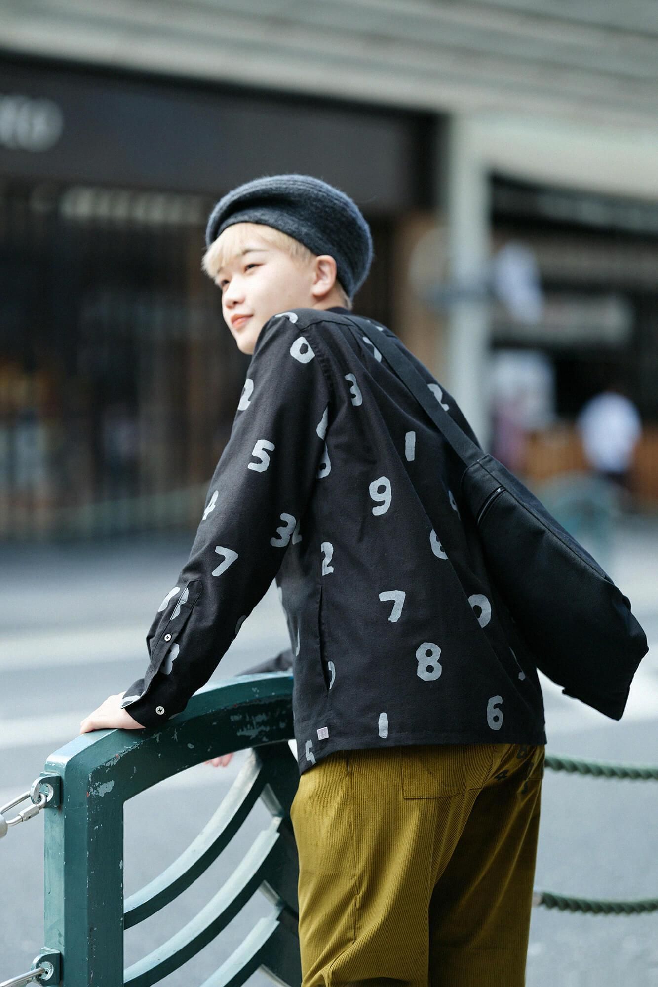 起毛斜紋織 20/20 立領長袖襯衫/SO-SU-U十數 黑色