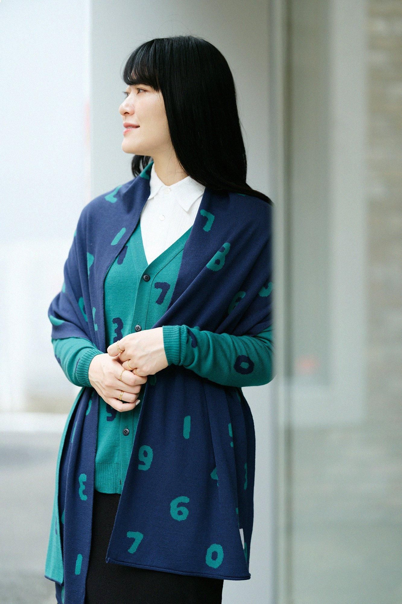Super 140's Jacquard-Cardigan/SO-SU-U Tokiwa-Farbe