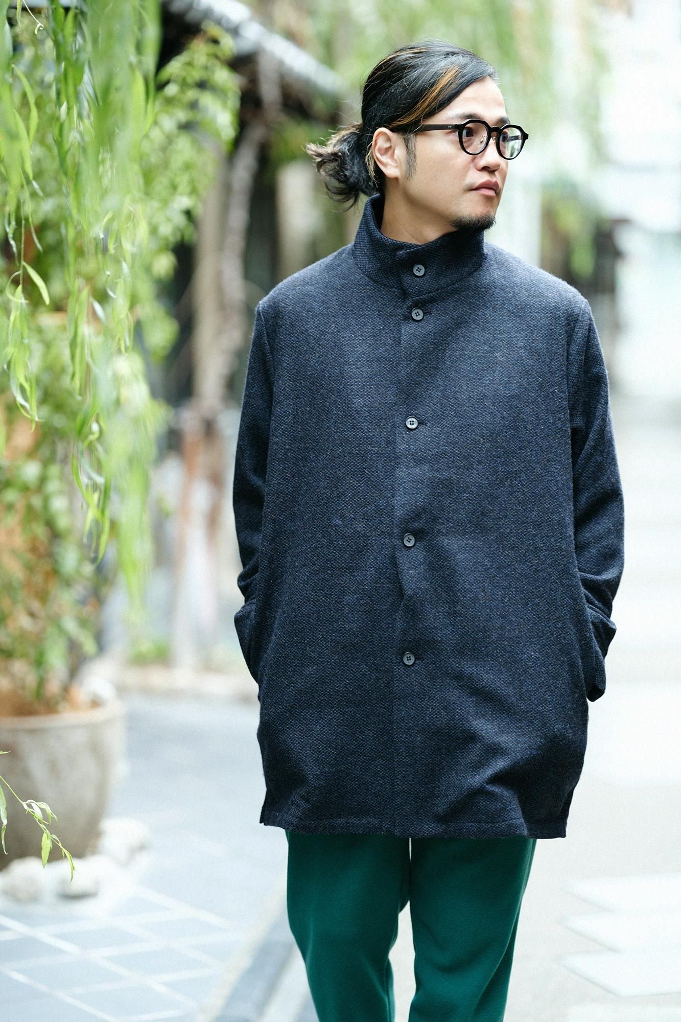 【預購】【net限定】尾州緹花 斜紋織 立領短外套/青墨色×拍子木(※預計於12月9日左右發貨)