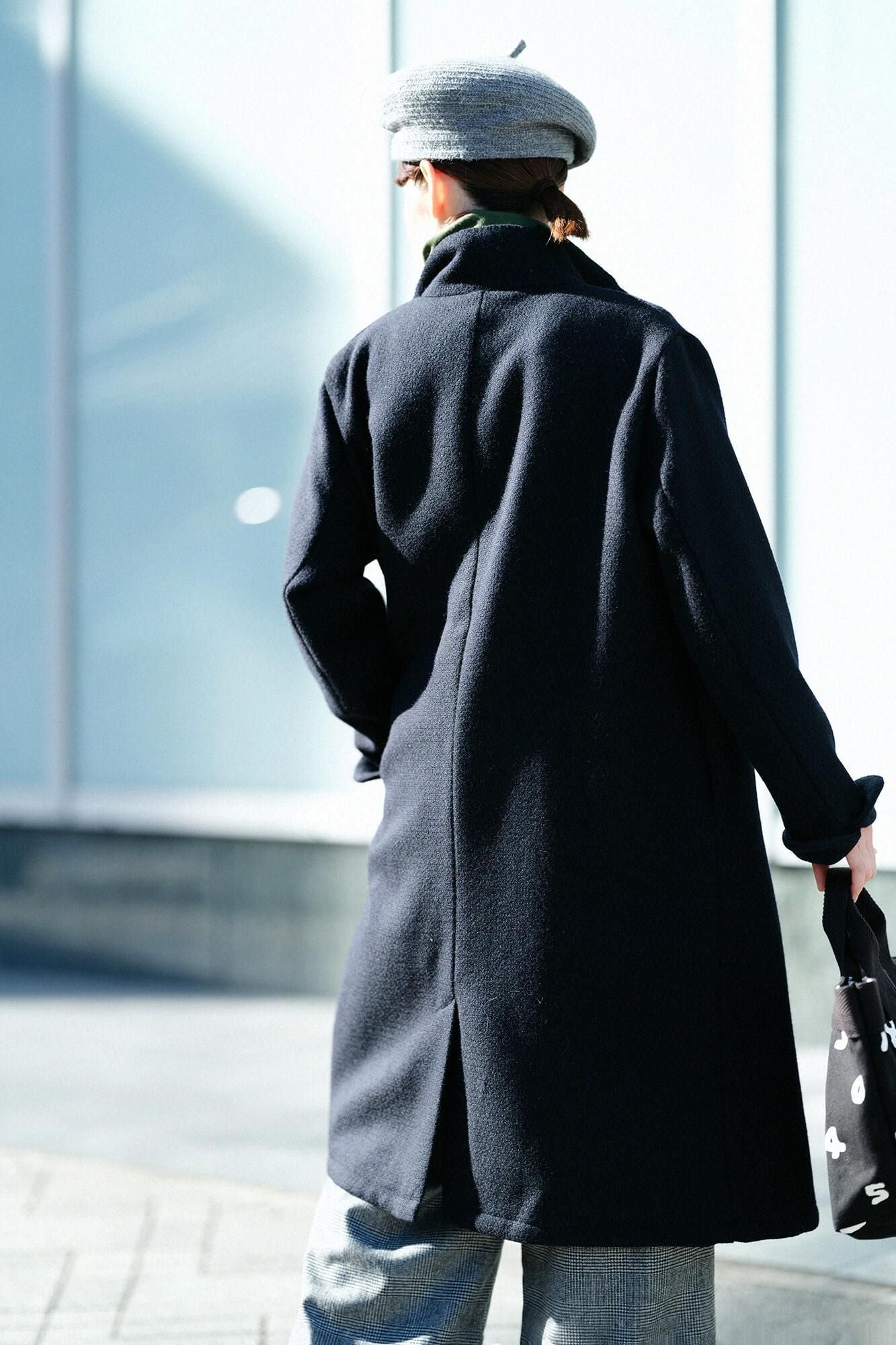 紡毛 多臂織 立領長外套/暗藍色×SO-SU-U十數