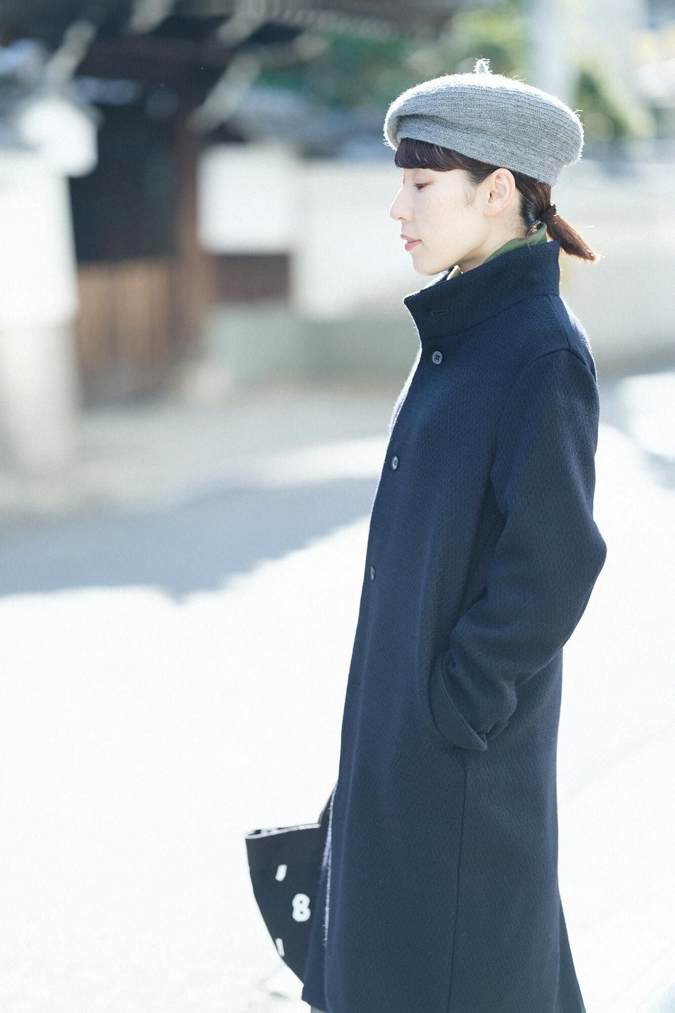 紡毛 多臂織 立領長外套/暗藍色×SO-SU-U十數