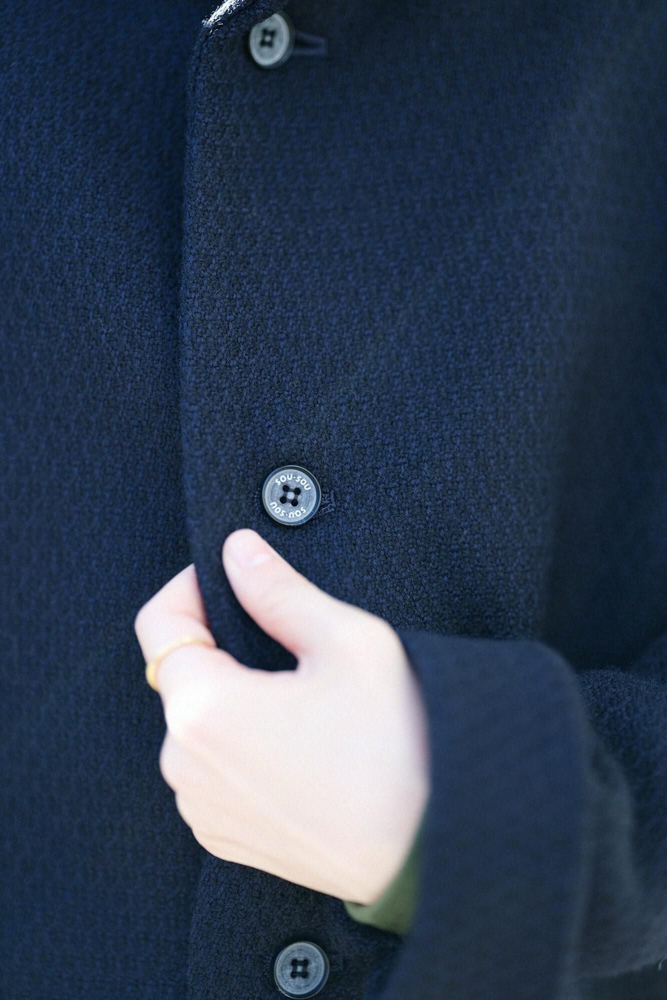 紡毛 多臂織 立領長外套/暗藍色×SO-SU-U十數
