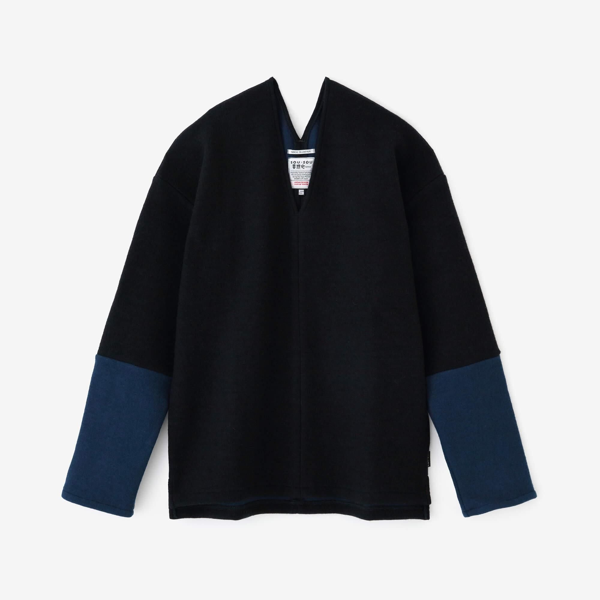 Dual-layered Knit Bi-color Sleeve V Neck Kantoui / Dark Blue