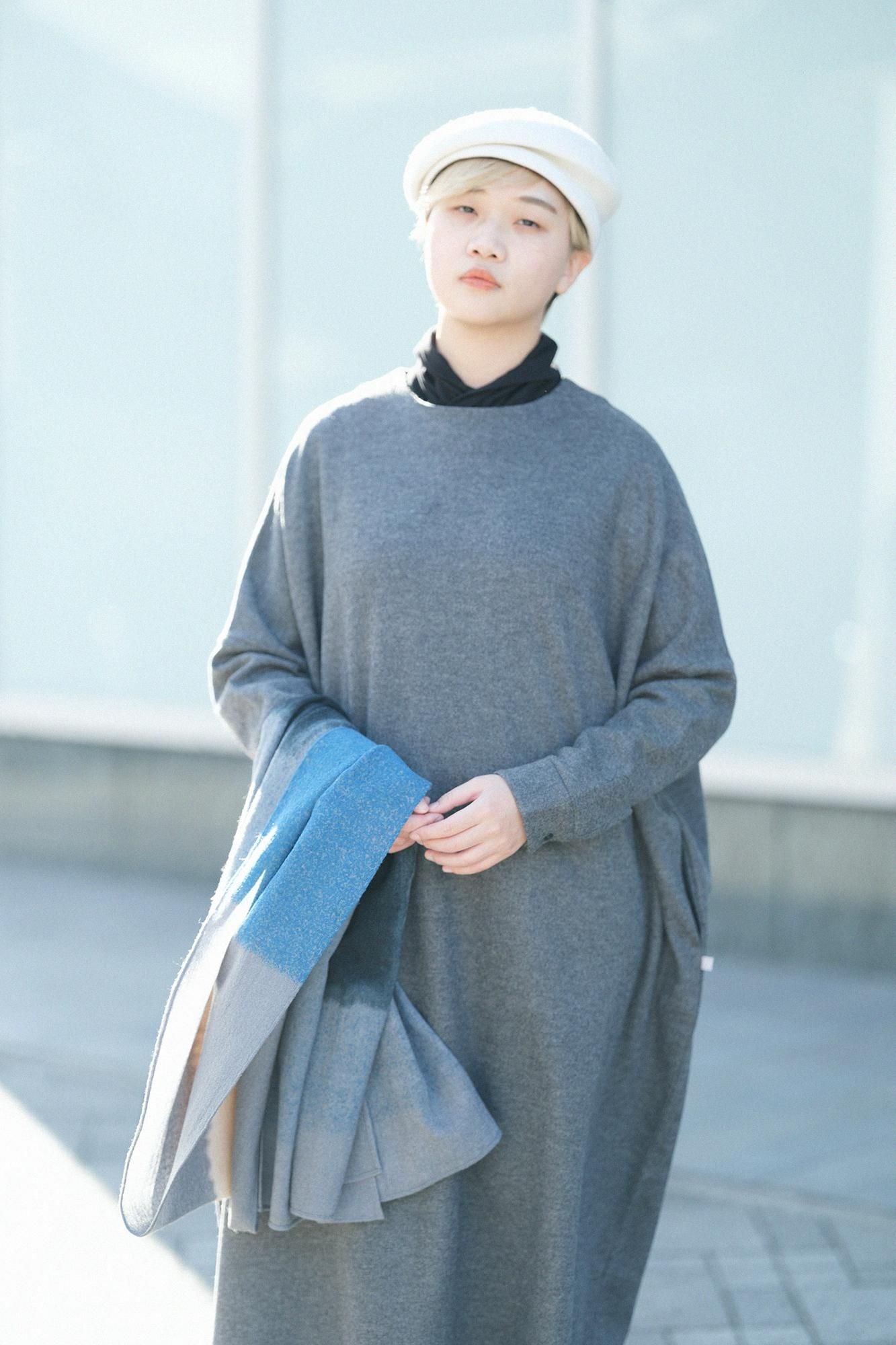 Combed Yarn Felted Interlock Knitting-Sided Knit Largo One-piece Dress Maxi Length / Grey Ink