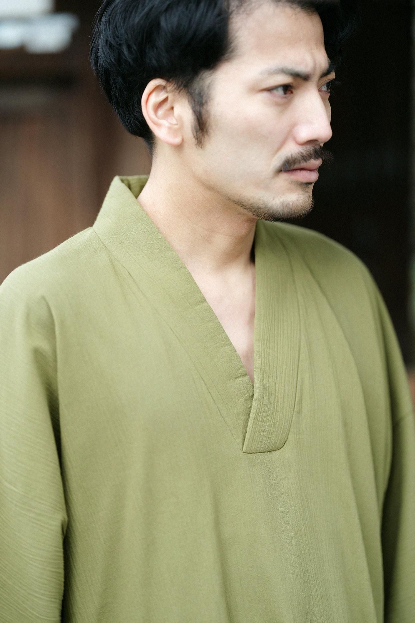 Chizimi Cotton 20/20 Long Fubi Kimono Shirt / Greyish Olive Green