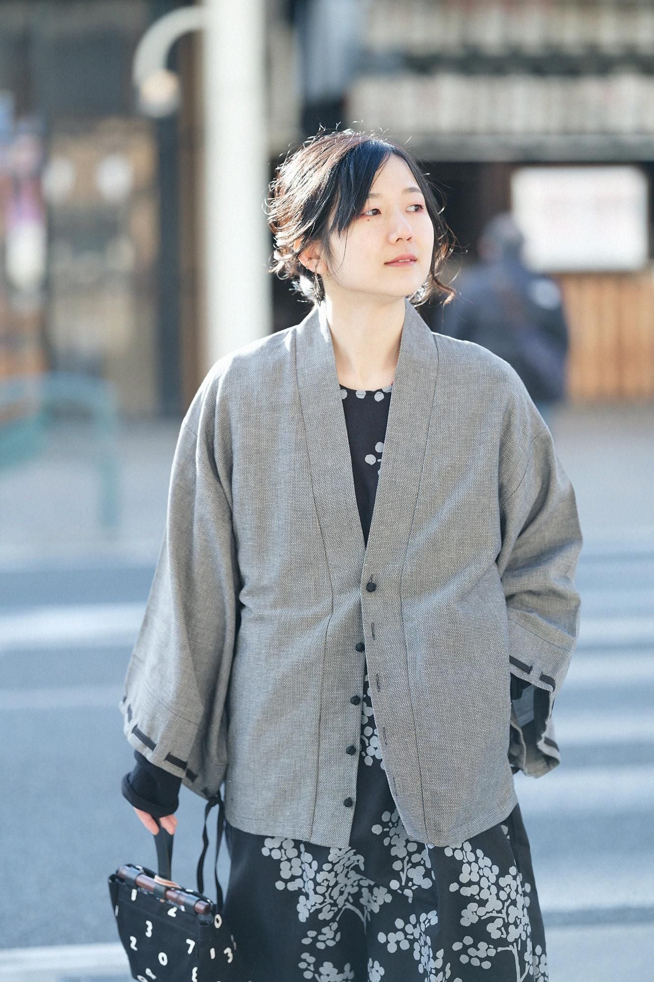 【net limited】Cotton-linen Blend Dobby Weave Fine Patterned Rectangular Sleeve Earl Cardigan / Dark Grey