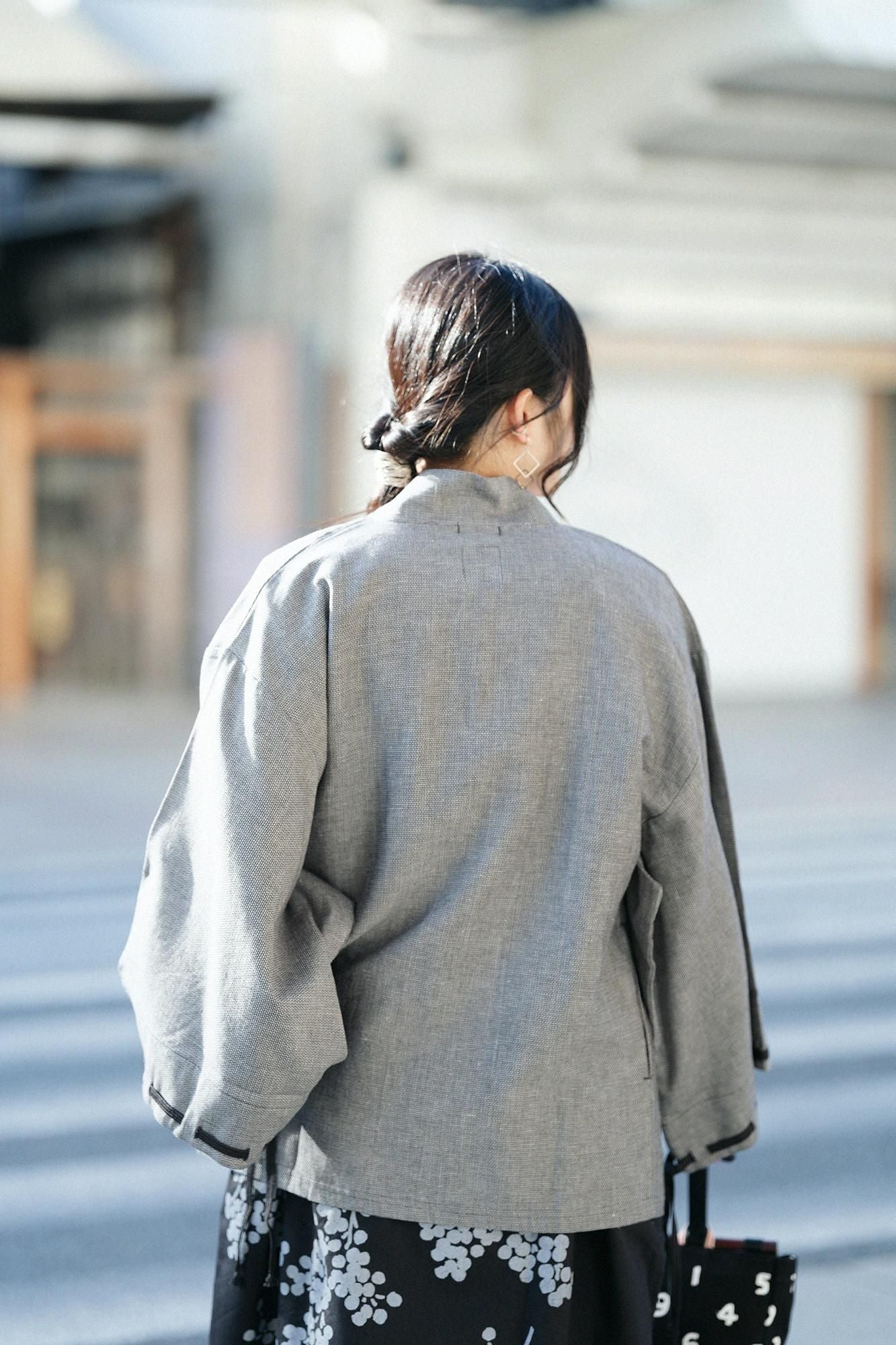 【net limited】Cotton-linen Blend Dobby Weave Fine Patterned Rectangular Sleeve Earl Cardigan / Dark Grey
