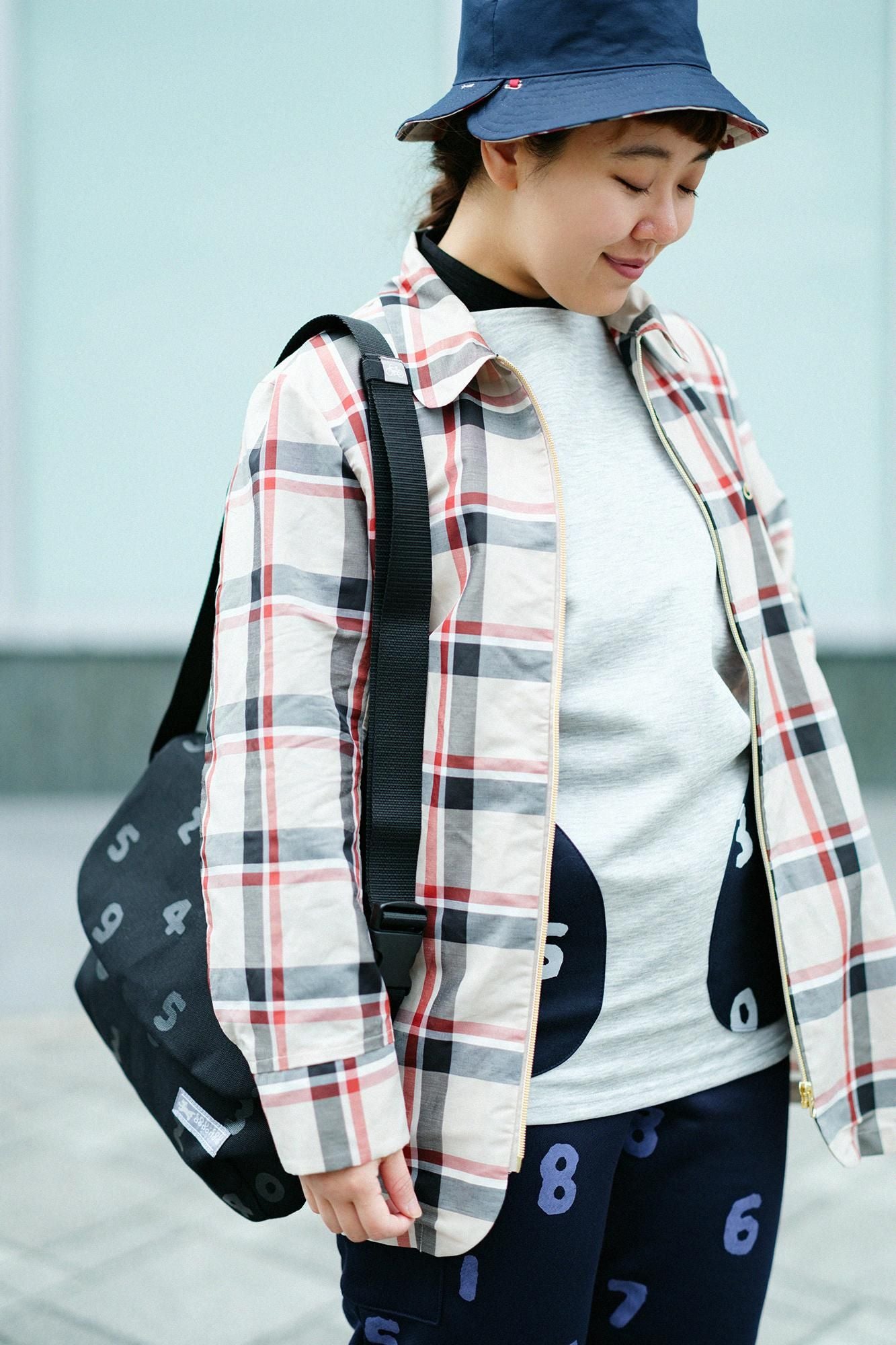 苧麻尼龍有領ZIP UP外套/象牙白格紋