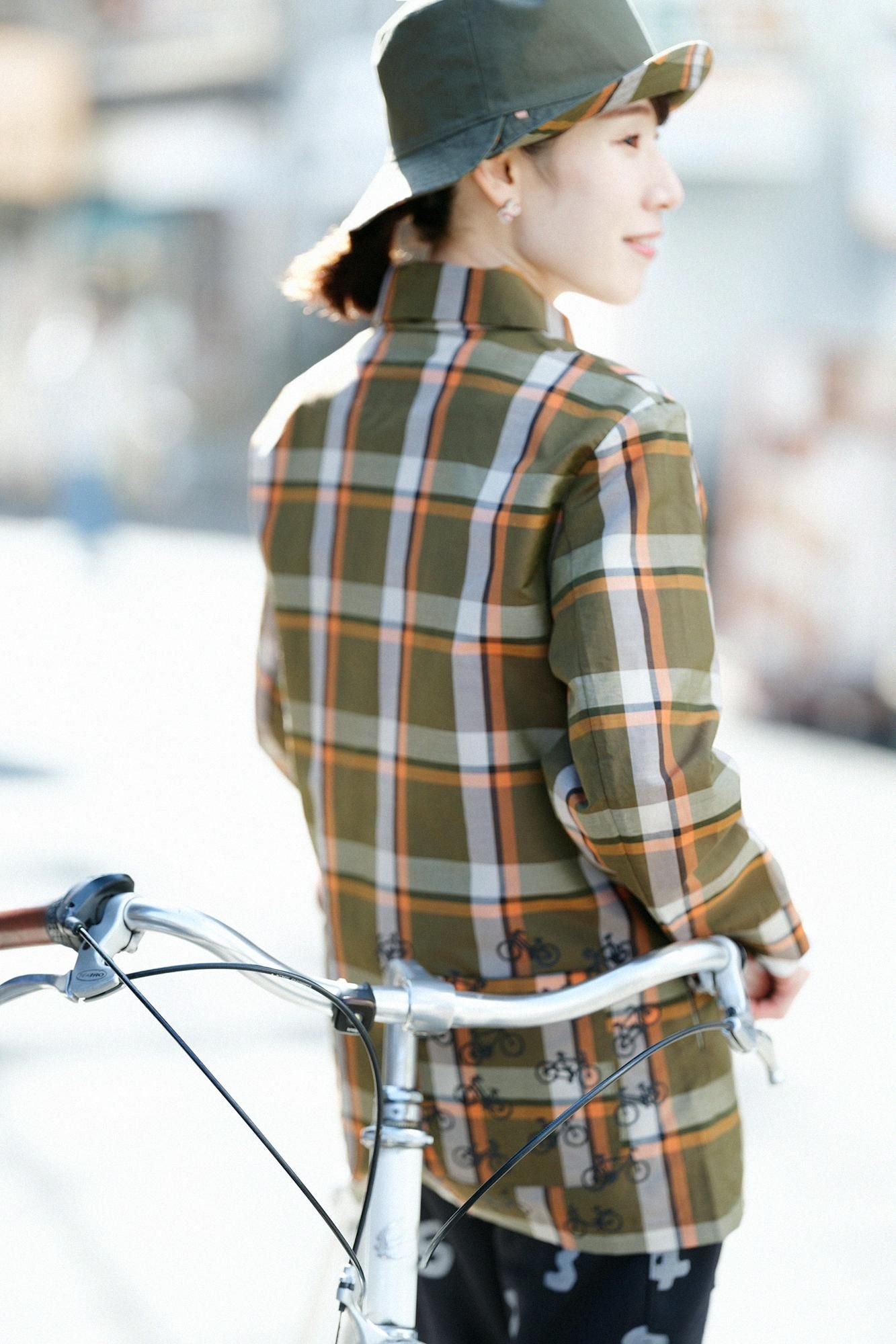 ZIP UP苧麻尼龍衣領/橄欖綠格紋