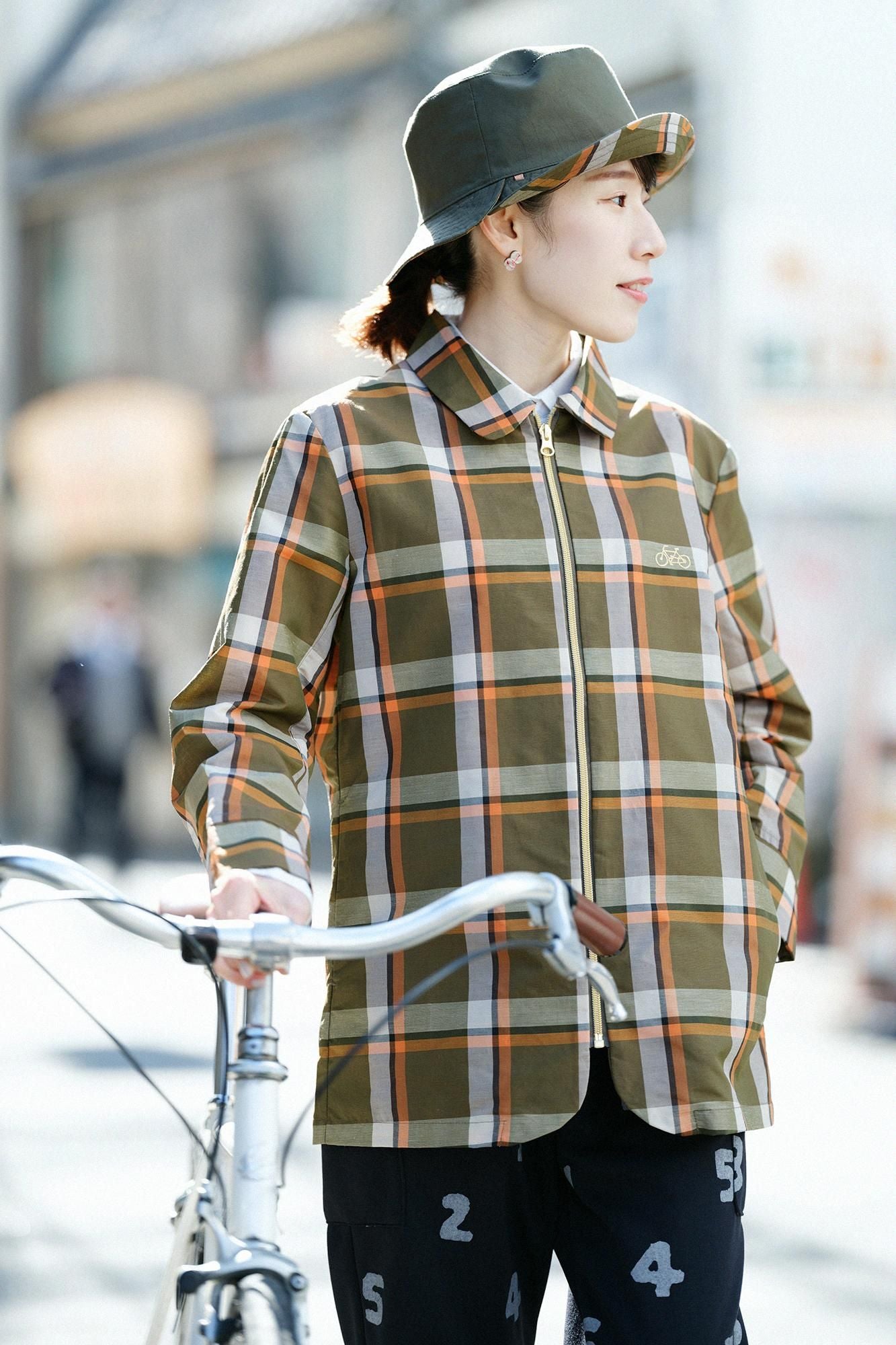 ZIP UP苧麻尼龍衣領/橄欖綠格紋