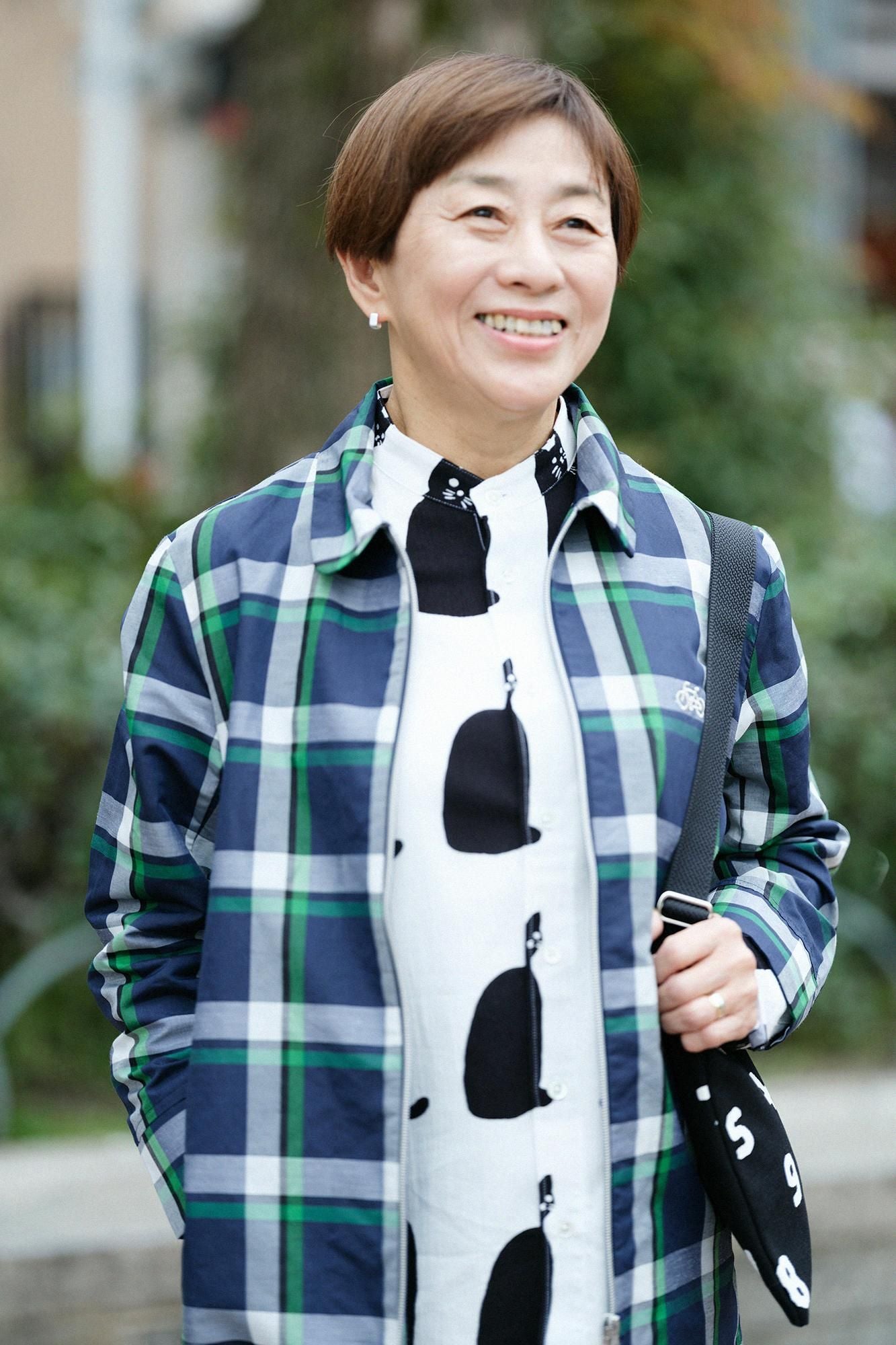 ZIP UP苧麻尼龍衣領/海軍藍格紋