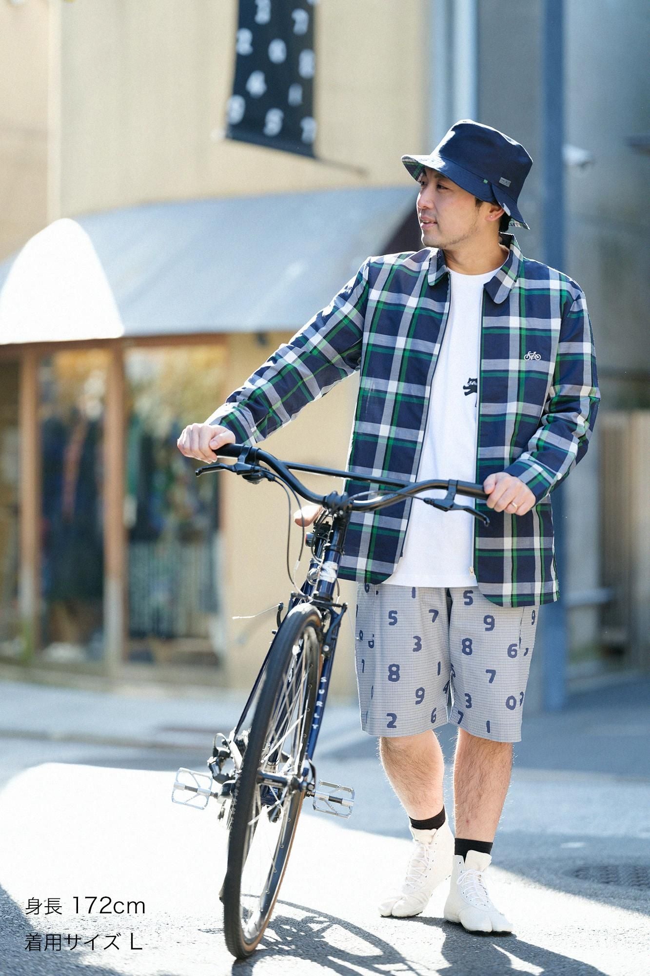 ZIP UP苧麻尼龍衣領/海軍藍格紋