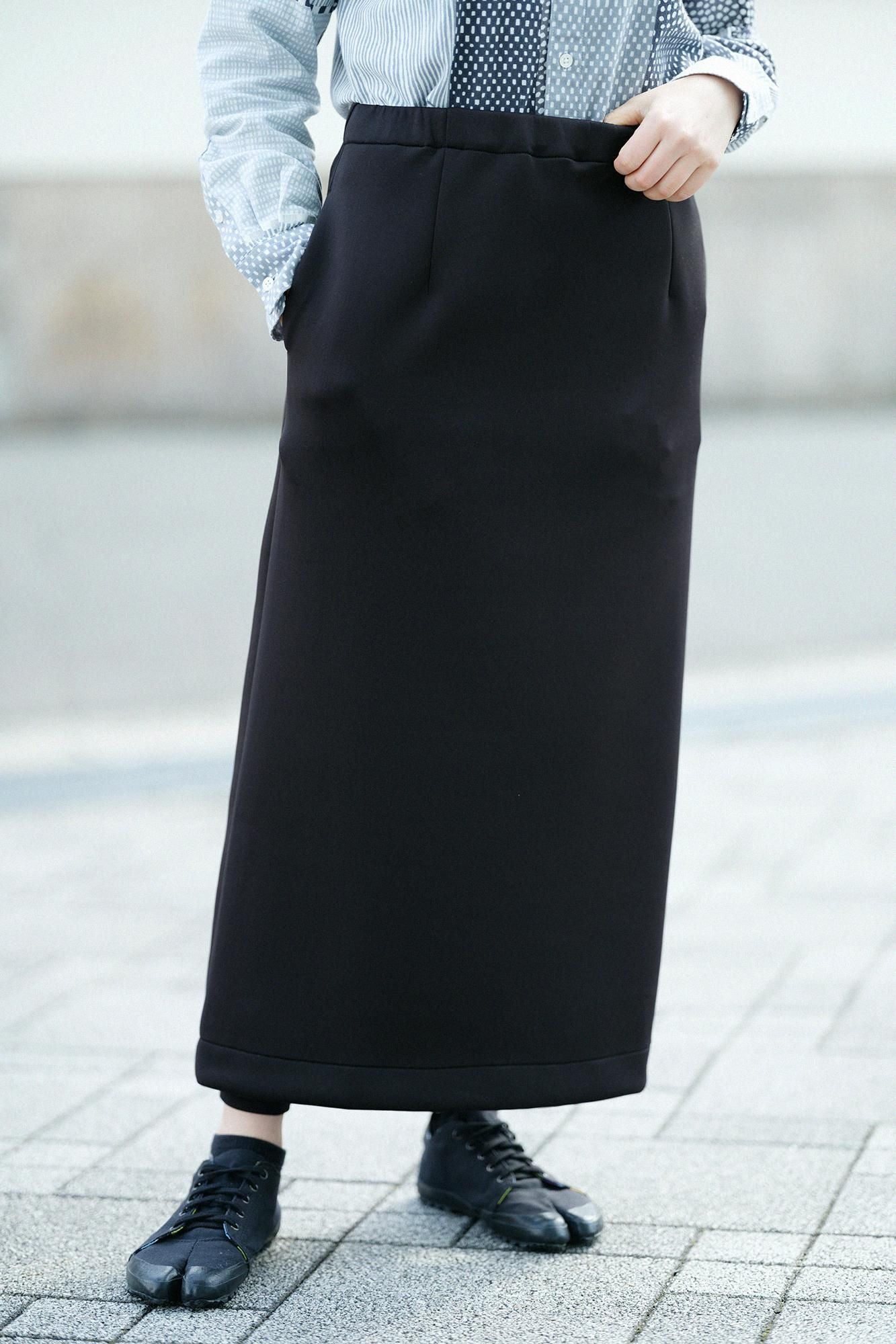 2WAY彈性瓦楞針織長裙/黑色