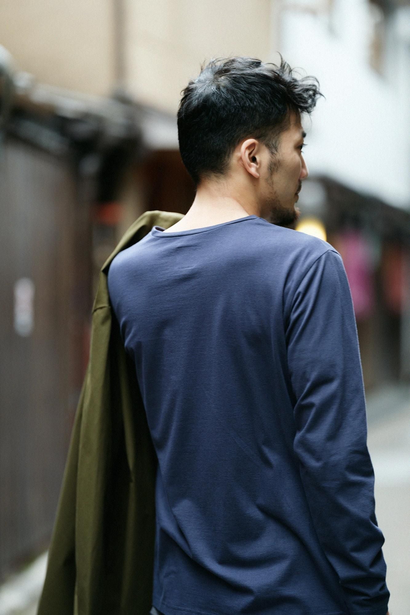 30 Count 1-ply High Gauge Plain Stitch Long Sleeve Pocket T-shirt / Dark Navy